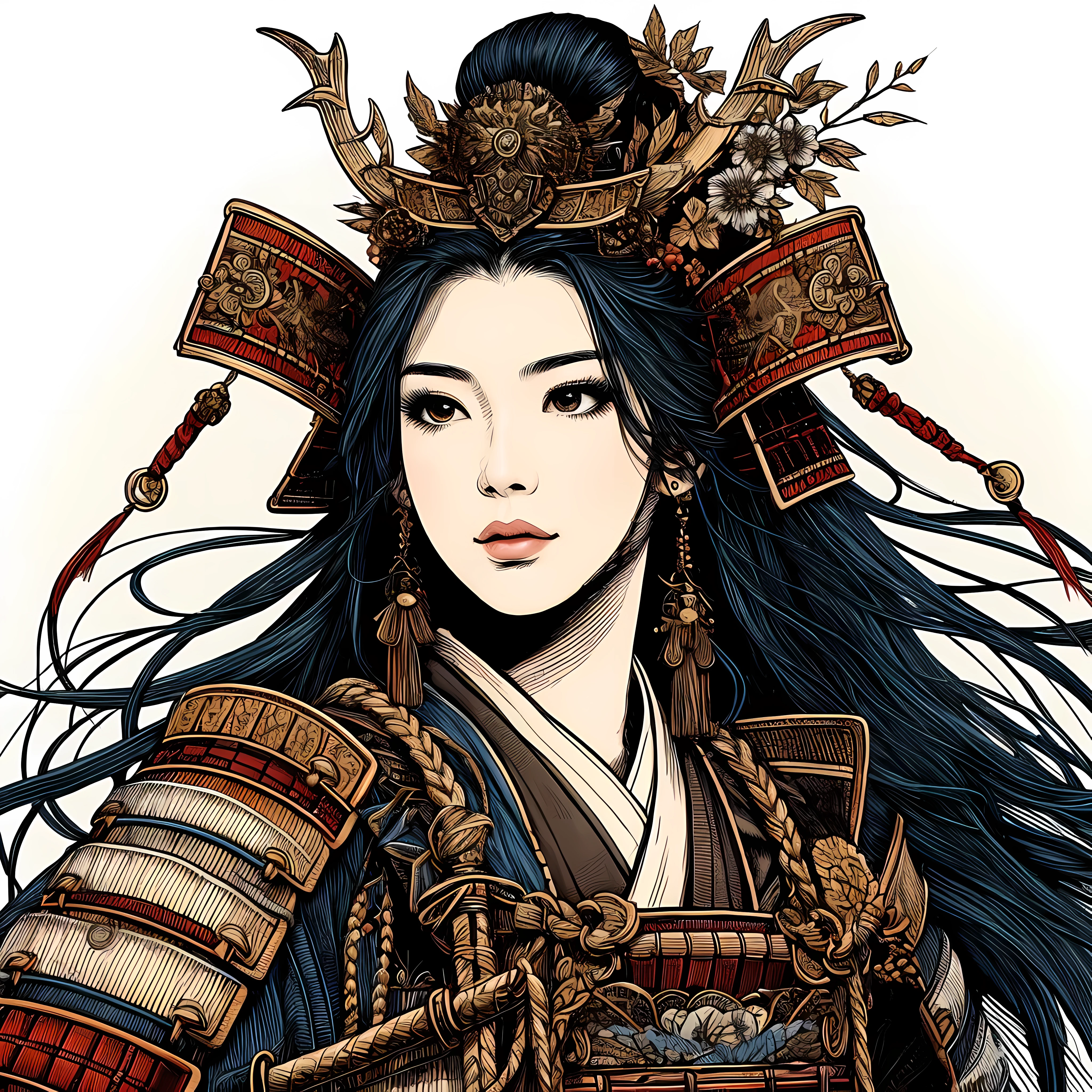 create a (32k masterpiece, best quality:1.4) coloured line art illustration of: a beautiful Japanese female samurai, she is the epitomy of power and historic elegance, exuding an aura of invincibility and charm at the same time