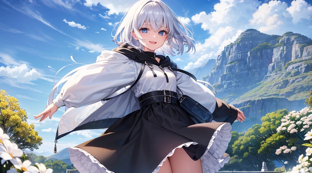 Ultra-high image quality,Look at viewers, hands behind back, girl with, 20 years old, Very short hair, long bangs between eyes, blue eyess,Black eyes, Hoodie, Skirt , Extremely detailed,(masterpiece、top-quality),White hair、A smile、Fantastical, Silver hair,, Hoodie, White hoodie,a black skirt,Hair is short,White jacket, Casual style,Open jacket, Cowboy Shot、Fluttering hair、a small face、Bright smile、(Detailed face) ,profetional lighting,fantastic landscape,Blue sky, Sunlight,look down from above,portraitures、open open mouth、facing front、fountain in the forest、flower field、Upper body only、snowscape