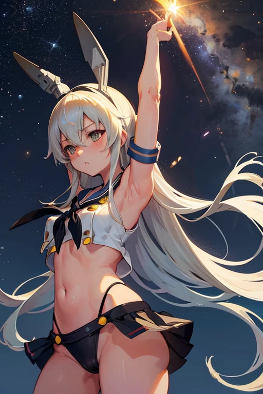 hyper detailed, perfect anatomy, extremely detailed and delicate, 1 girl, shimakaze(kancolle), 1 black cat, night sky, stars, milkyway, hugging a black cat,