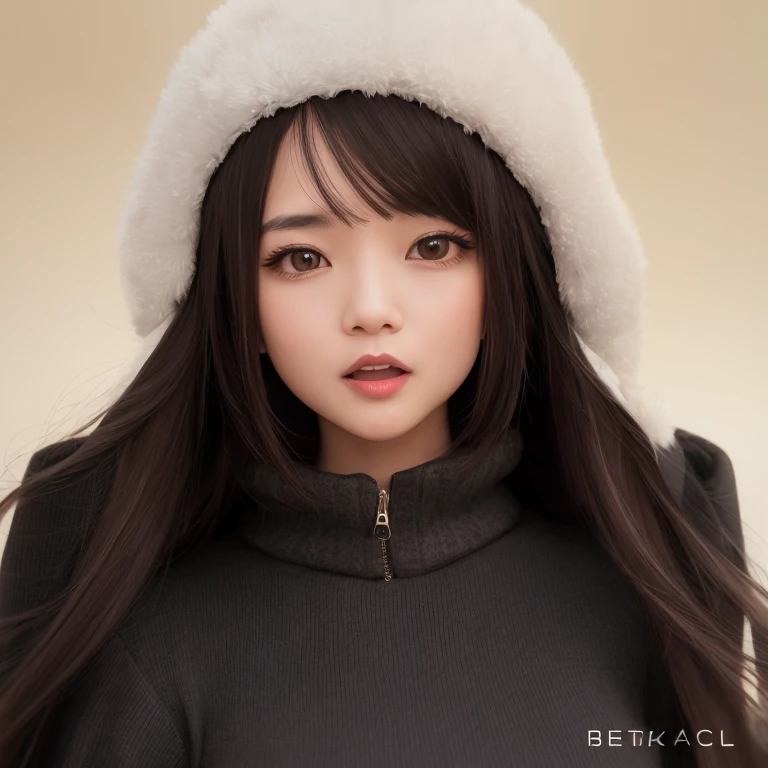 a woman with a surprised look on her face, Winter Outfit, top grade, professional photograpy, a young asian woman, headshot profile photo