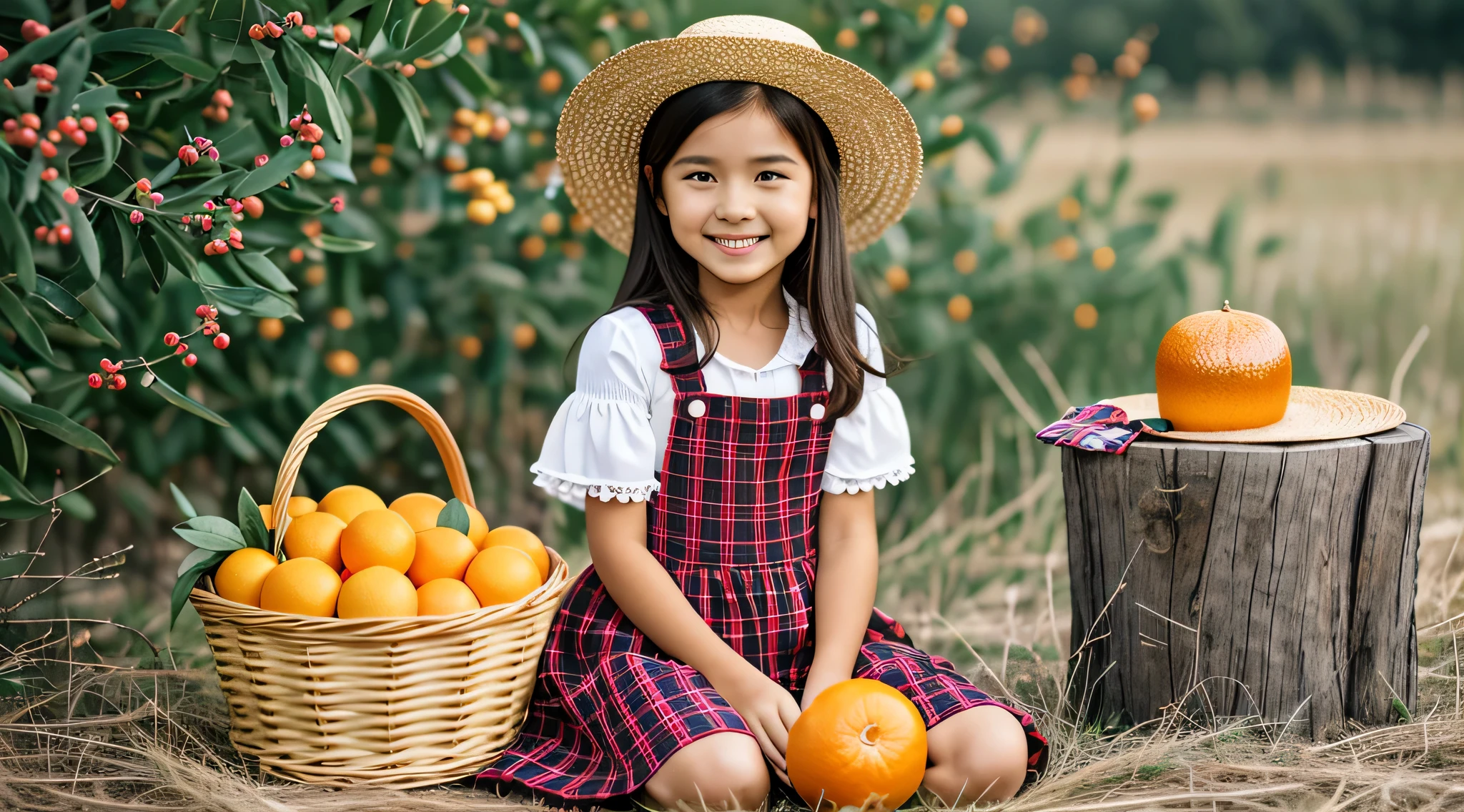 there is a young girl sitting on the floor holding a basket of oranges, wearing orange sundress, girl, cute young girl, cute girl, petite girl, by Juan O'Gorman, wearing a red plaid dress, wearing farm clothes, girl venizian, with straw hat, oranges, red dress and hat, happy girl, wearing a straw hat and overalls