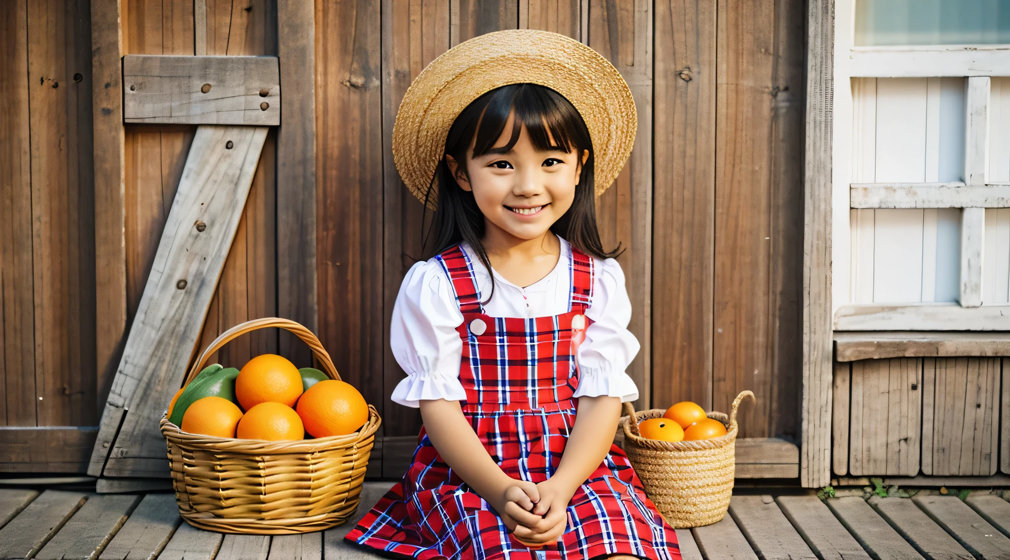 there is a young girl sitting on the floor holding a basket of oranges, wearing orange sundress, girl, cute young girl, cute girl, petite girl, by Juan O'Gorman, wearing a red plaid dress, wearing farm clothes, girl venizian, with straw hat, oranges, red dress and hat, happy girl, wearing a straw hat and overalls