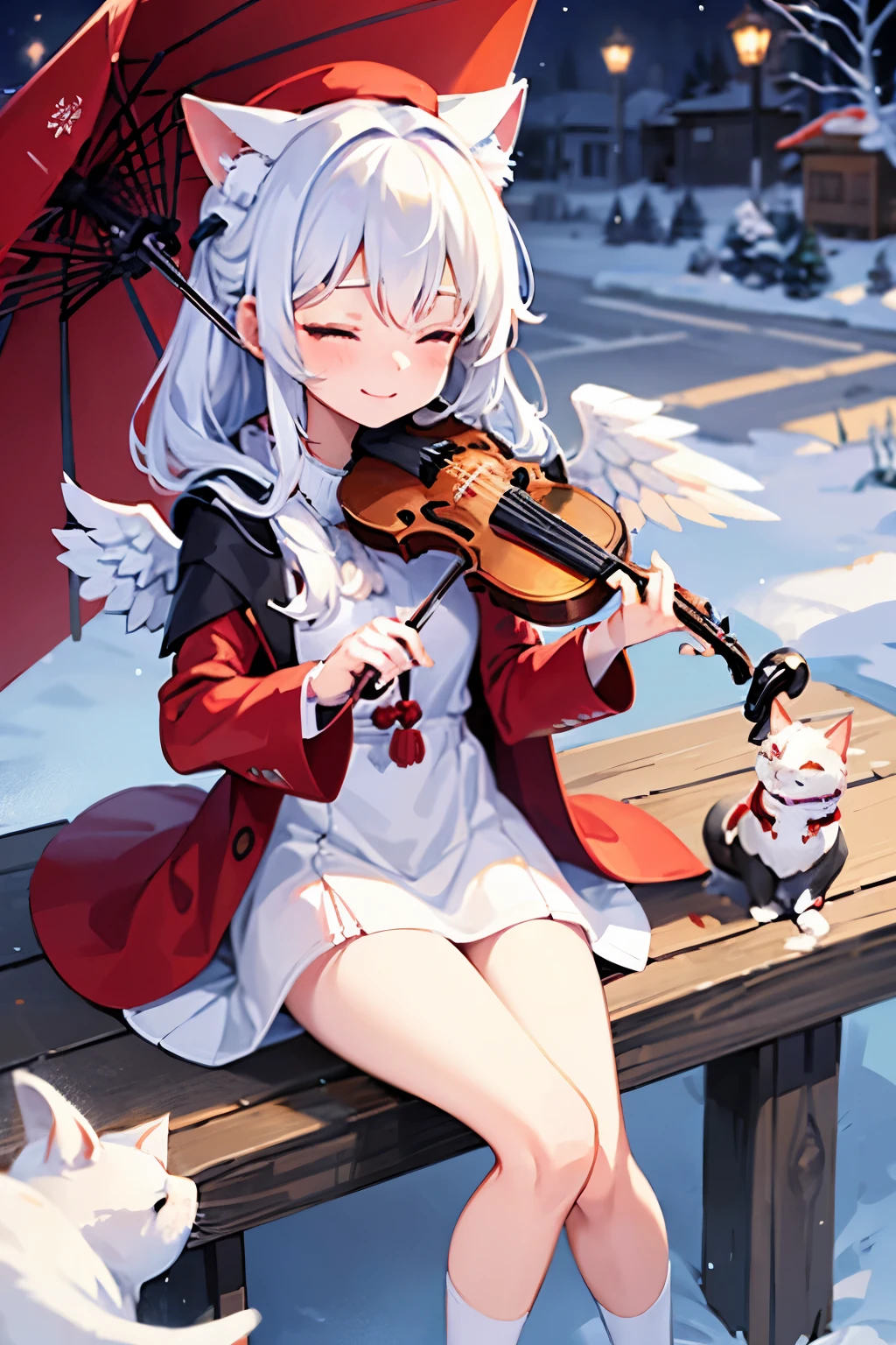 girl wearing christmass dress cotton, night background with snow, red scarfs, playing violin, smile, cute, slim, eyes closed, white long messy curly hair, red clous hat, red short dress, slim, angel wings, sexy, inside a cottage chillin, poser, comftly, long black and white stripe socks, White hair, anime, shoujo, shrine, white cat ears, red witch costume, snow, red umbrella, red eyes, snow, white stockings