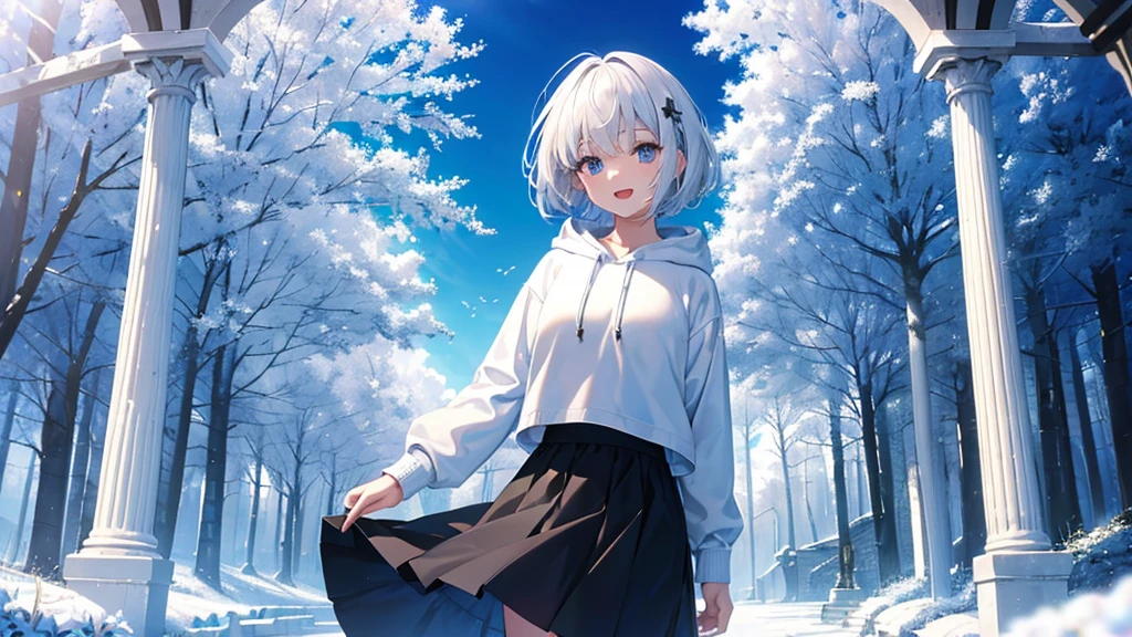 Ultra-high image quality,Look at viewers, hands behind back, girl with, 20 years old, Very short hair, long bangs between eyes, blue eyess,Black eyes, Hoodie, Skirt , Extremely detailed,(​masterpiece、top-quality),White hair、A smile、Fantastical, Silver hair,,  Hoodie, White hoodie,a black skirt,Hair is short,White jacket, Casual style,Open jacket,  Cowboy Shot、Fluttering hair、a small face、Bright smile、(Detailed face) ,profetional lighting,fantastic landscape,Blue sky, Sunlight,look down from above,portraitures、open open mouth、facing front、fountain in the forest、flower  field、Upper body only、snowscape