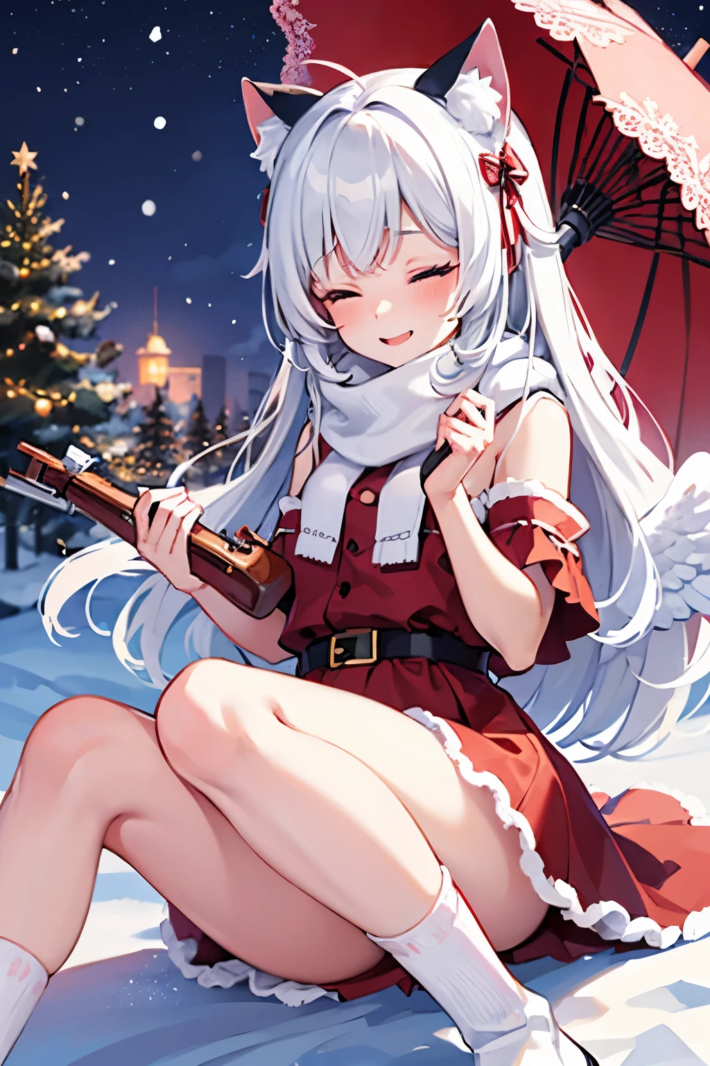 girl wearing christmass dress cotton, night background with snow, red scarfs, playing violin, smile, cute, slim, eyes closed, white long messy curly hair, red clous hat, red short dress, slim, angel wings, sexy, inside a cottage chillin, poser, comftly, long black and white stripe socks, White hair, anime, shoujo, shrine, white cat ears, red witch costume, snow, red umbrella, red eyes, snow, white stockings