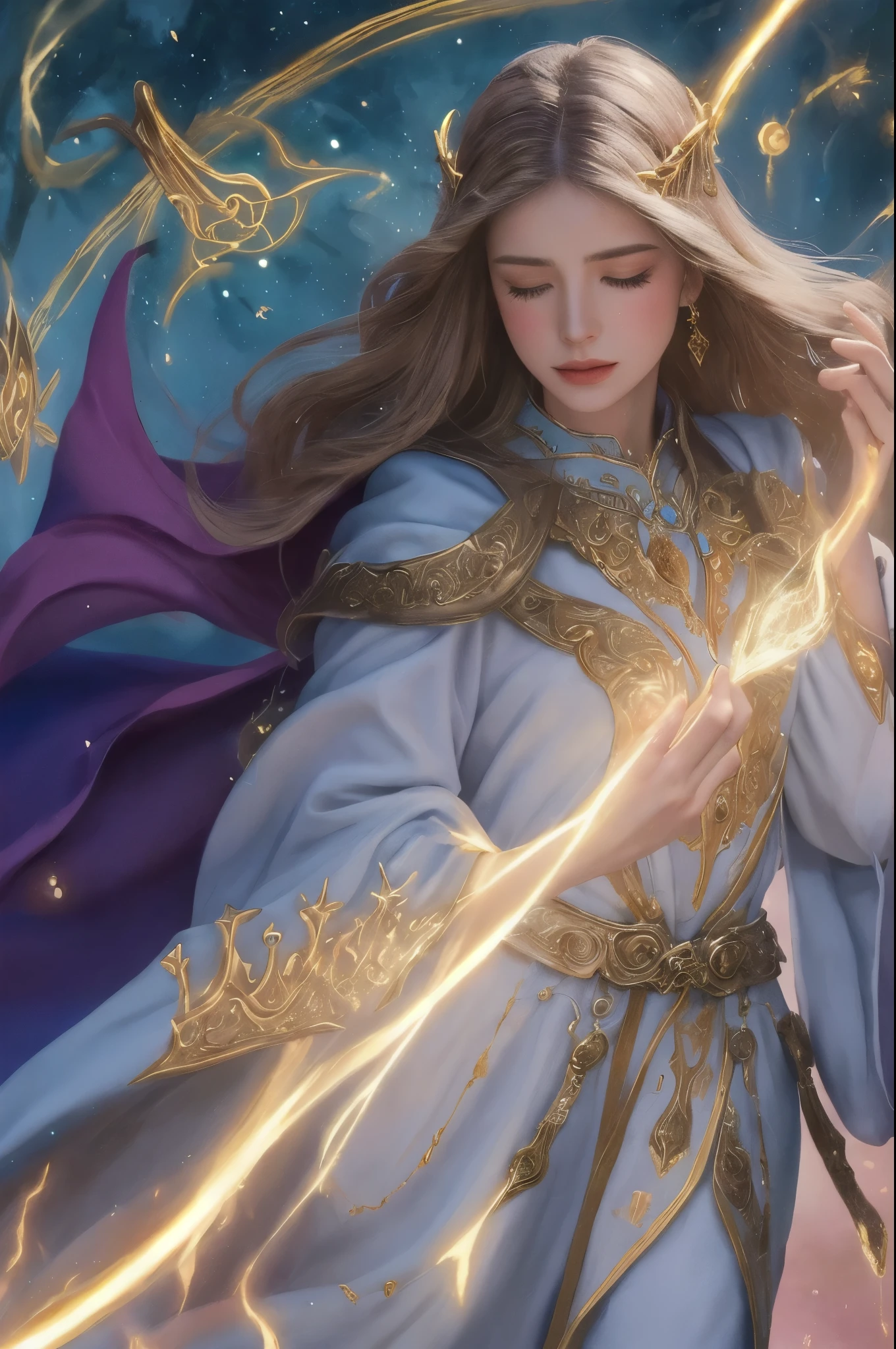 In a mesmerizingly vivid gouache painting, an intricately crafted scene depicts a spellbinding incantation of zealous magic. Amidst a backdrop of ethereal hues, a mage, cloaked in resplendent robes, fervently chants ancient words. The image emanates a palpable aura of power and devotion, with spellbooks adorned in golden symbols and shimmering crystals scattered with precision. Every brushstroke flawlessly captures the intensity of the spell, immersing the viewer in the sorcerer's fervent passion and untamed energy.