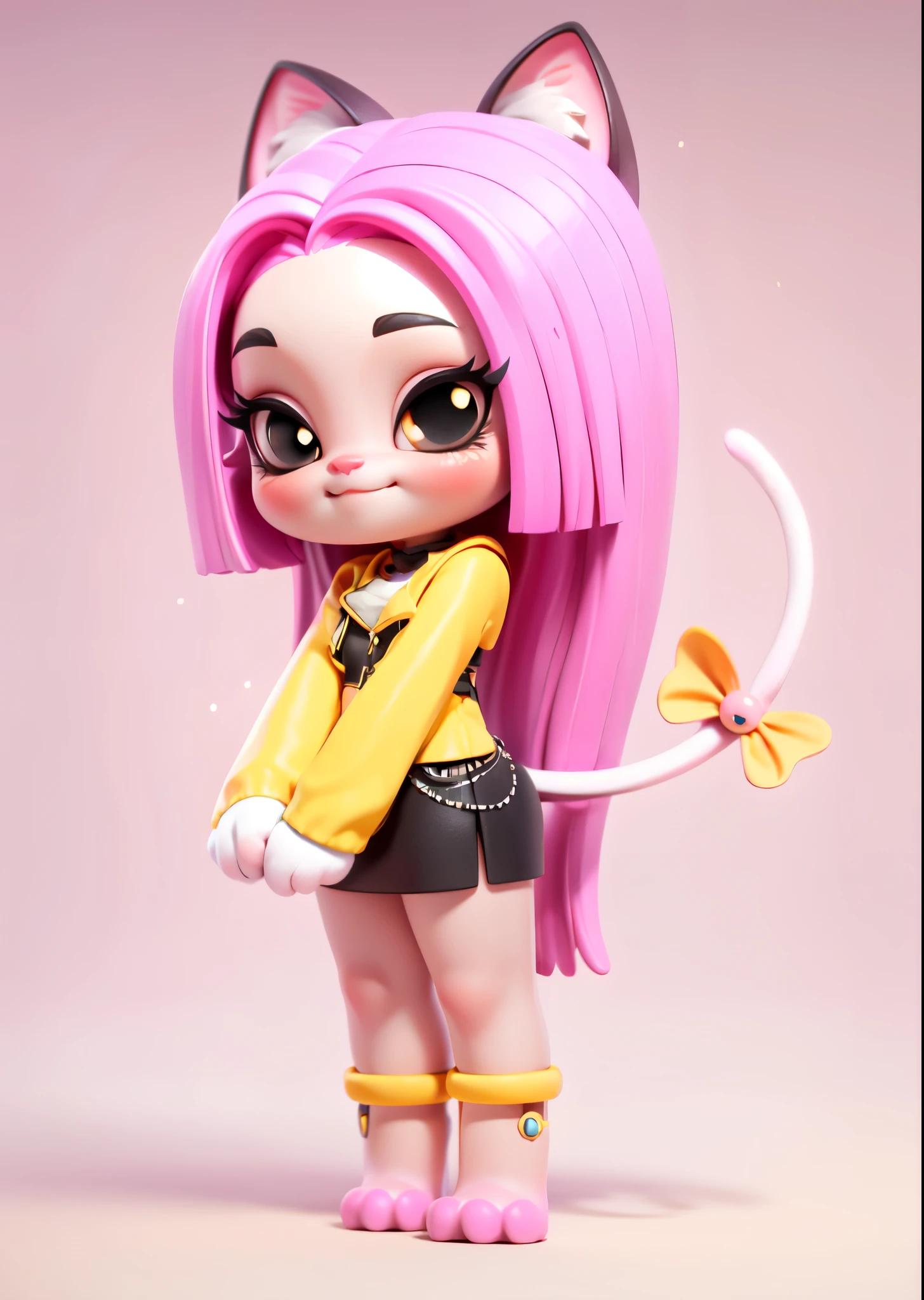 (1 girl, full body, furry hand, clean face,a closed mouth,smile),((masterpiece:1,2, cat-like mouth, black eyes, pink hair, yellow pupil,Fashionable outfits)), Anime character, cute, chibi, perfect lighting,best quality, original, extremely detailed, (extremely detailed: 1.2), style 3d hair, blender, octane render, popular toys, blind box toys