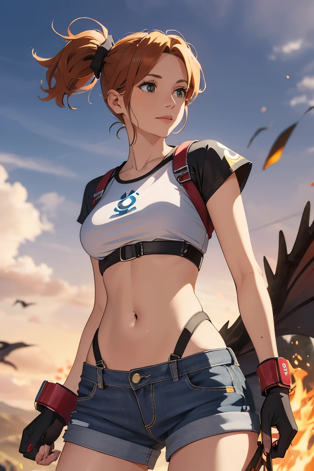 The centerpiece of the image is Misty from Pokémon, standing outdoors with a confident smile. Orange hair styled in a side ponytail, wearing denim shorts with suspenders, yellow crop top that shows off her midriff and navel. Yellow tank top. Cowboy shot posture exudes confidence and strength.
Misty is accompanied by a cute Dragon.
Overall, the image is a masterpiece, with high-quality details and a realistic rendering of Misty, her outfit, and her companion dragon. The colors are vivid and eye-catching, and the image is high-resolution, capturing every nuance of Misty's confident and adventurous spirit.