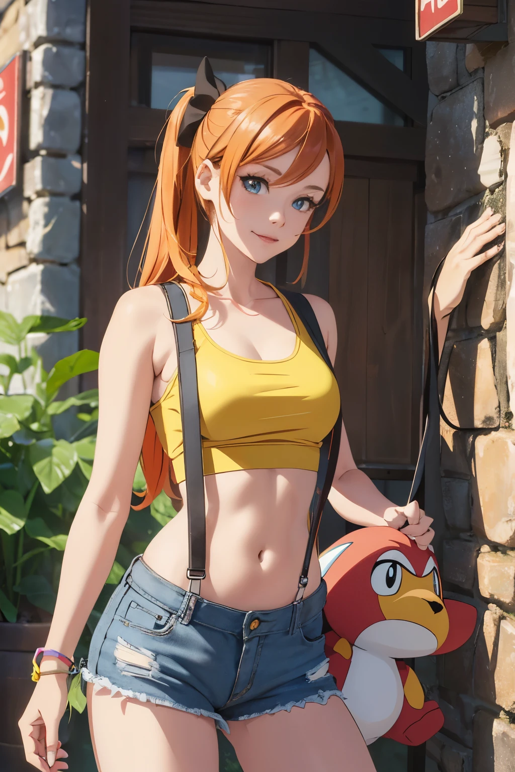 The centerpiece of the image is Misty from Pokémon, standing outdoors with a confident smile. Orange hair styled in a side ponytail, wearing denim shorts with suspenders, yellow crop top that shows off her midriff and navel. Yellow tank top. Cowboy shot posture exudes confidence and strength.
Misty is accompanied by a cute Dragon.
Overall, the image is a masterpiece, with high-quality details and a realistic rendering of Misty, her outfit, and her companion dragon. The colors are vivid and eye-catching, and the image is high-resolution, capturing every nuance of Misty's confident and adventurous spirit.