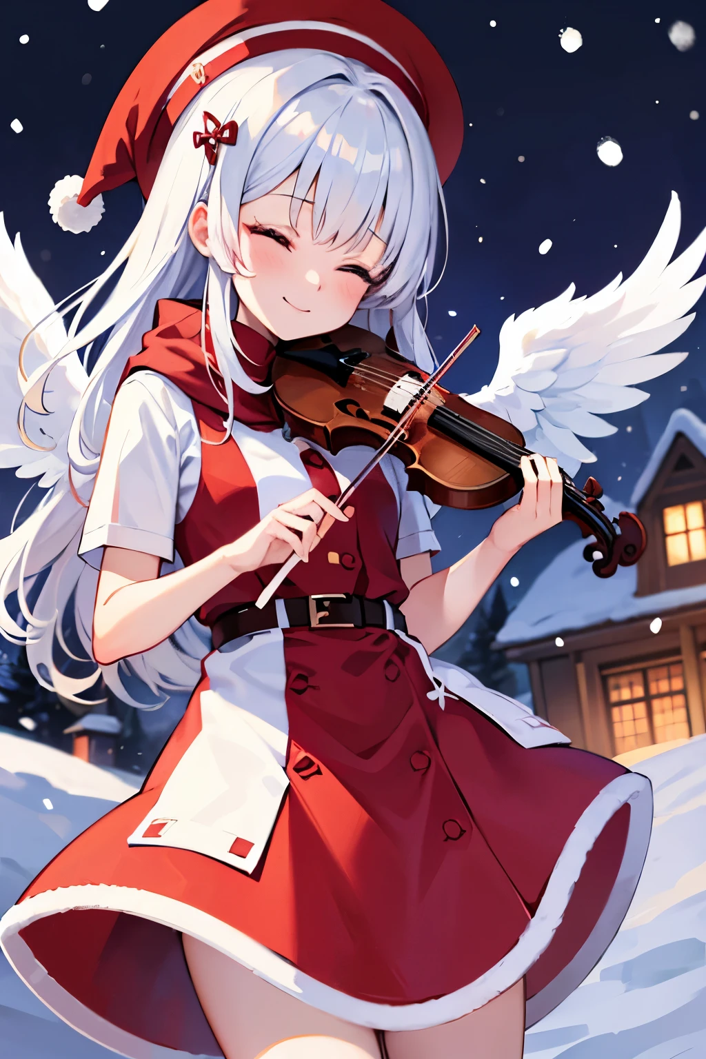 girl wearing christmass dress cotton, night background with snow, red scarfs, playing violin, smile, cute, slim, eyes closed, white long messy curly hair, red clous hat, red short dress, slim, angel wings, sexy, inside a cottage chillin, poser, comftly, long black and white stripe socks, White hair, anime, shoujo, shrine, red witch costume, snow, red umbrella, red eyes, snow, white stockings