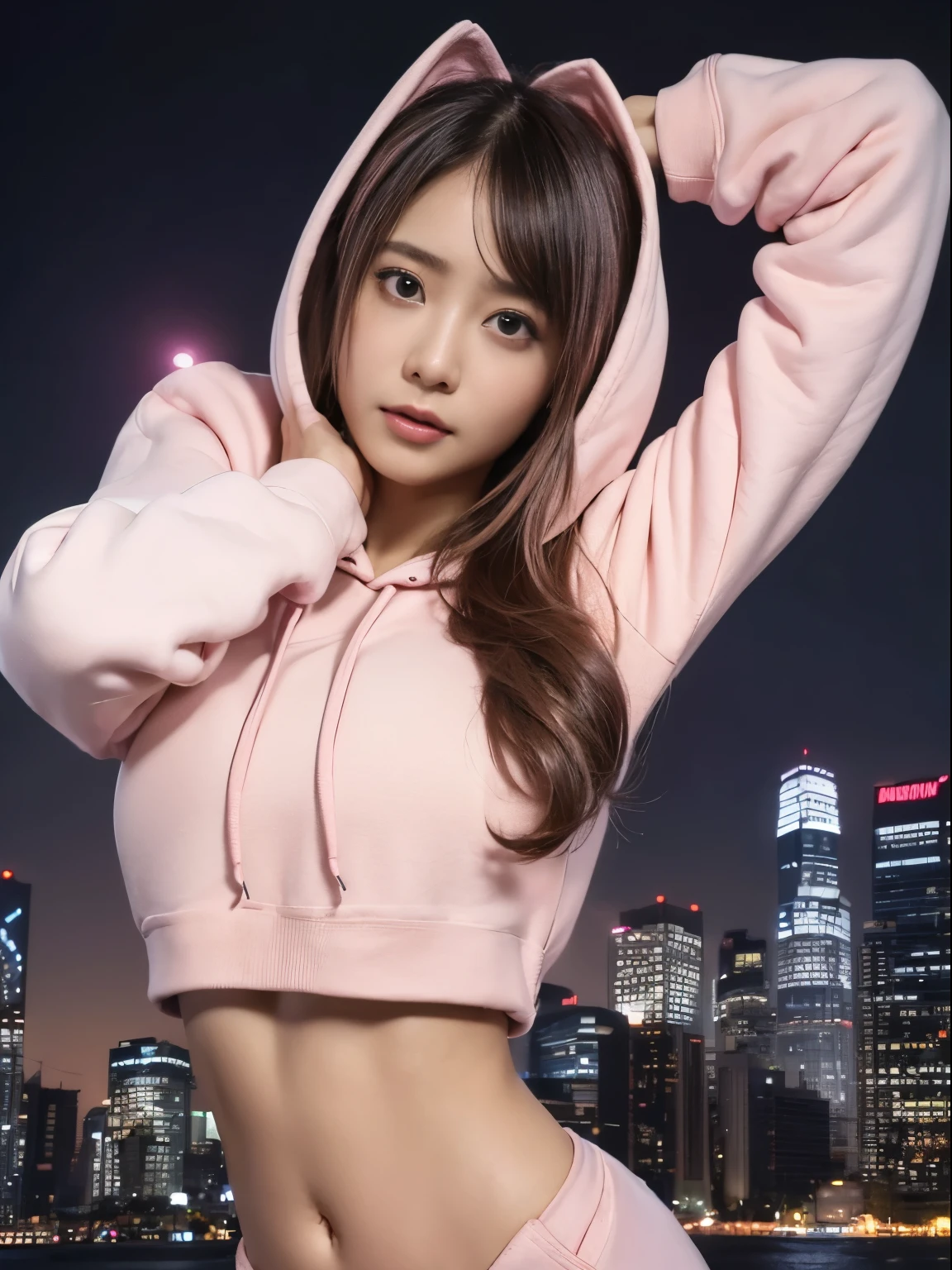 (An ultra-high picture quality:1.5、ultra-quality:1.5、Photographic:1.3)、girl,(1 Sister),((Buatigarh)), (Underbust:1.4),Big Breasts Sagging、thinning hair,black messy hair,Colored inner hair,Long gray hair:1.5,empty long hair:1.35,cabelos preto e longos,Convolutedなヘアスタイル)),(((neons_Pink_The eye:1.3))),Convolutedな瞳,Beautiful and detailed'Eyes,対称的なThe eye)),(spider lower abdomen,Willow waist,wide hips,Athletic Body Build,inflatable legs,Detailed body), Cute big breasts,In the,((((cropped hoodie,)))), (dynamicposes:1.0),Concentration only,embarrassed from,(Located In the center,scale to fit the dimensions,The Rule of Thirds), Cyberpunk city on the waterfront at night, scenecy:1.25,during night, Star Knight, kosmos,Pitch black night,特にneonsがThe eyeを引きます., 非常に明るいneonsライト,during night, Star Knight, kosmos, Artistic photography,(Photo taken by SLDR),hight resolution, Focus Sharpening,(ultra - detailed, extremely detailed nipple), (realistic artwork:1.37),(Highly detailed CG integrated 8k wallpapers),((Composite Wave Background Theme)),(((Colorful))),Convoluted,(Convolutedに入り組んだ背景),(tmasterpiece),(Best Quality),Perfect face,Perfect facial detail,Realistic face,shoot the real thing,analog style,((Convolutedな詳細)),(((current))),