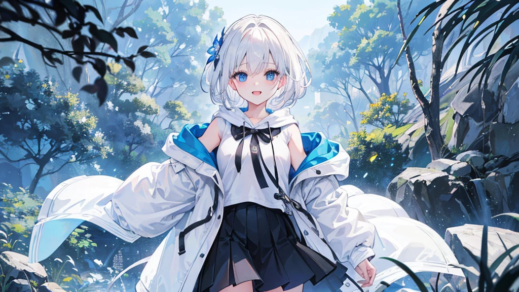 Ultra-high image quality,Look at viewers, hands behind back, girl with, 20 years old, Very short hair, long bangs between eyes, blue eyess,Black eyes, Hoodie, Skirt , Extremely detailed,(​masterpiece、top-quality),White hair、A smile、Fantastical, Silver hair,,  Hoodie, White hoodie,a black skirt,Hair is short,White jacket, Casual style,Open jacket,  Cowboy Shot、Fluttering hair、a small face、Bright smile、(Detailed face) ,profetional lighting,fantastic landscape,Blue sky, Sunlight,look down from above,portraitures、open open mouth、facing front、fountain in the forest、flower  field、Upper body only、snowscape