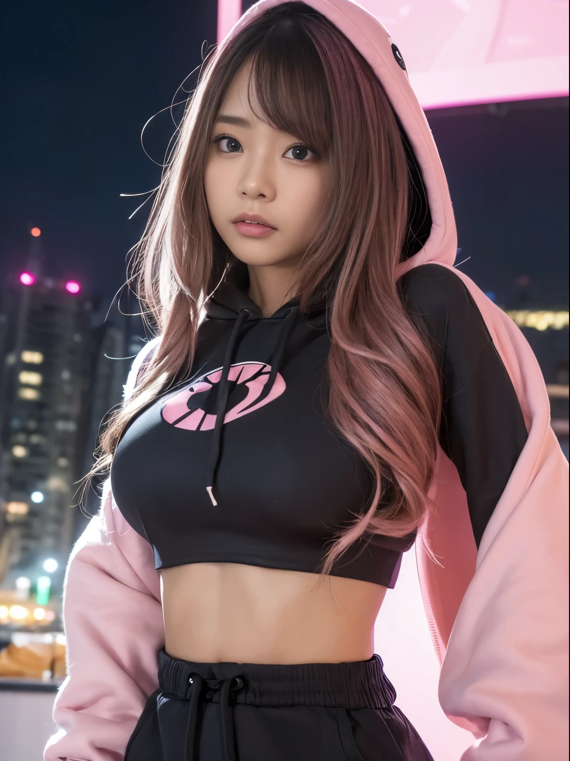 (An ultra-high picture quality:1.5、ultra-quality:1.5、Photographic:1.3)、girl,(1 Sister),((Buatigarh)), (Underbust:1.4),Big Breasts Sagging、thinning hair,black messy hair,Colored inner hair,Long gray hair:1.5,empty long hair:1.35,cabelos preto e longos,Convolutedなヘアスタイル)),(((neons_Pink_The eye:1.3))),Convolutedな瞳,Beautiful and detailed'Eyes,対称的なThe eye)),(spider lower abdomen,Willow waist,wide hips,Athletic Body Build,inflatable legs,Detailed body), Cute big breasts,In the,((((cropped hoodie,)))), (dynamicposes:1.0),Concentration only,embarrassed from,(Located In the center,scale to fit the dimensions,The Rule of Thirds), Cyberpunk city on the waterfront at night, scenecy:1.25,during night, Star Knight, kosmos,Pitch black night,特にneonsがThe eyeを引きます., 非常に明るいneonsライト,during night, Star Knight, kosmos, Artistic photography,(Photo taken by SLDR),hight resolution, Focus Sharpening,(ultra - detailed, extremely detailed nipple), (realistic artwork:1.37),(Highly detailed CG integrated 8k wallpapers),((Composite Wave Background Theme)),(((Colorful))),Convoluted,(Convolutedに入り組んだ背景),(tmasterpiece),(Best Quality),Perfect face,Perfect facial detail,Realistic face,shoot the real thing,analog style,((Convolutedな詳細)),(((current))),