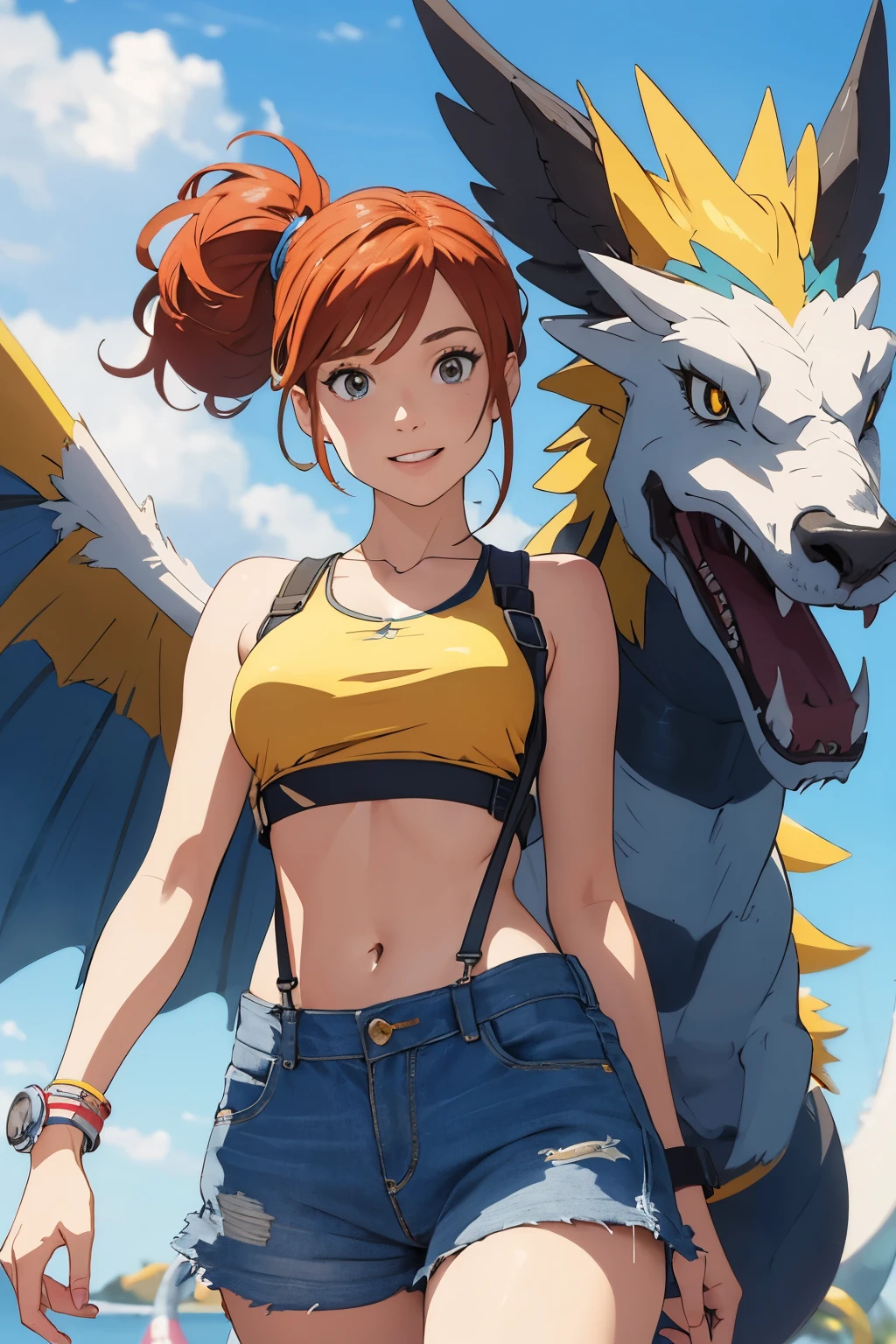 1girl, Misty from Pokémon, standing outdoors with a confident smile. Orange hair styled in a side ponytail, wearing denim shorts with suspenders, yellow crop top that shows off her midriff and navel. Yellow tank top. Cowboy shot posture exudes confidence and strength.
Misty is accompanied by a cute Dragon.
Overall, the image is a masterpiece, with high-quality details and a realistic rendering of Misty, her outfit, and her companion dragon. The colors are vivid and eye-catching, and the image is high-resolution, capturing every nuance of Misty's confident and adventurous spirit.