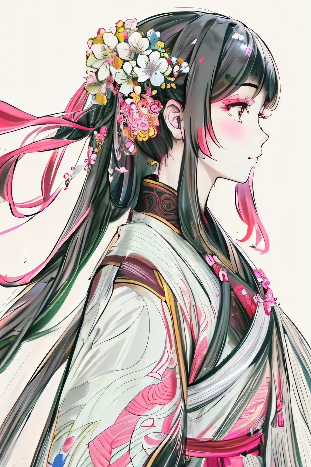 Pictures of women with long hair，A flower in his hair, 美丽的line art, clean line art, perfect line art, line art behance hd, extremely fine ink line art, 精美的line art, hyper 详细的line art, intricate line art, line art, 详细的line art, bold line art, flowing hair and long robes