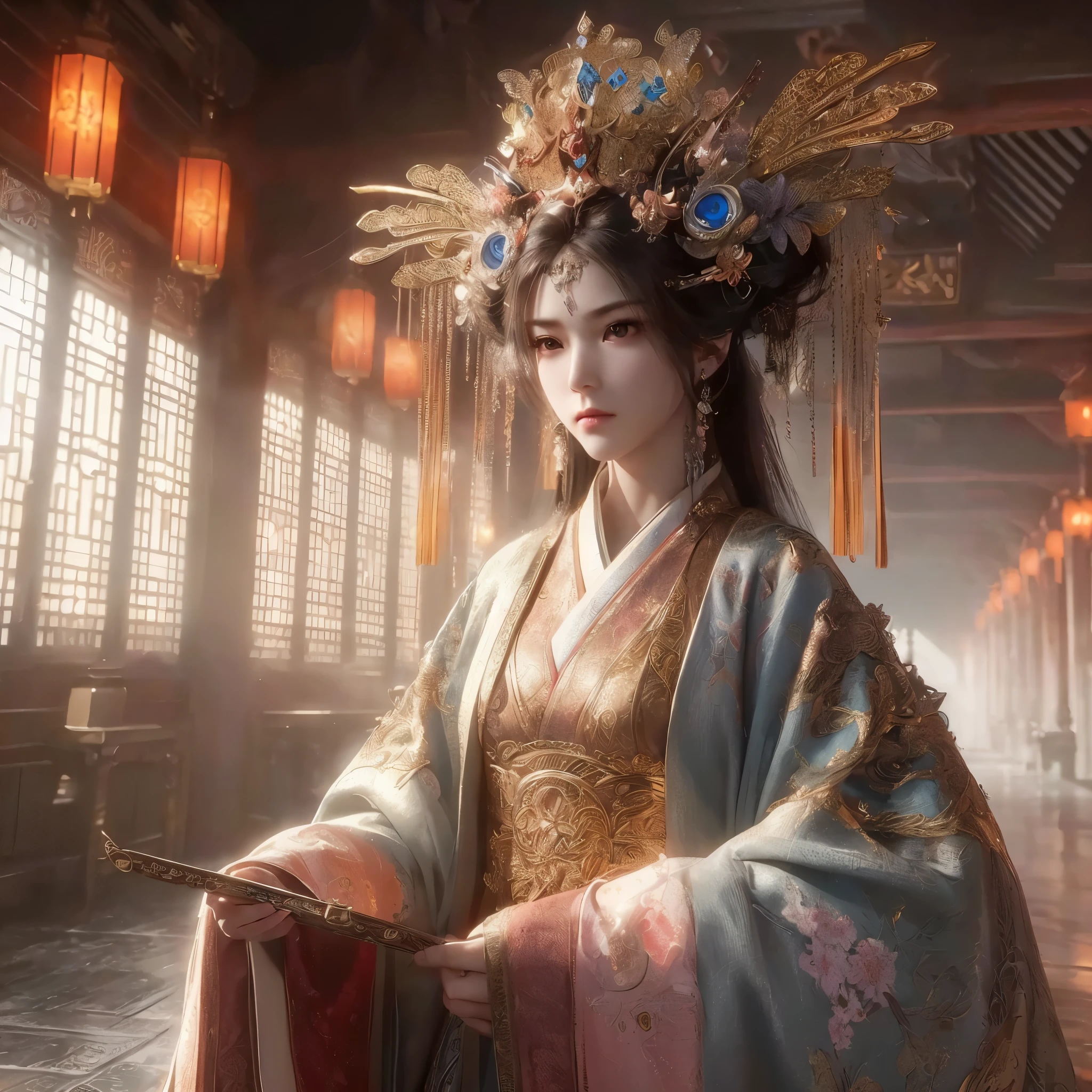 generate donghua big breast, character wearing traditional chinesse dress living at ancient chinesse era, chinesse castle, chinesse ornament,  masterpiece, hyperdetail, 8k, ambient effect, digital effect, masterpiece, best quality:1.2),(8k,highres,RAW photo,realistic,photo-realistic:1.3),(detailed skin texture,detailed cloth texture,beautiful detailed face:1.25),professional lighting,photon mapping,beautiful soft light,radiosity,physically-based rendering,raytracing, model shoot style, model shoot style, (extremely detailed CG unity 8k wallpaper), full shot body photo of the most beautiful artwork in the world,,