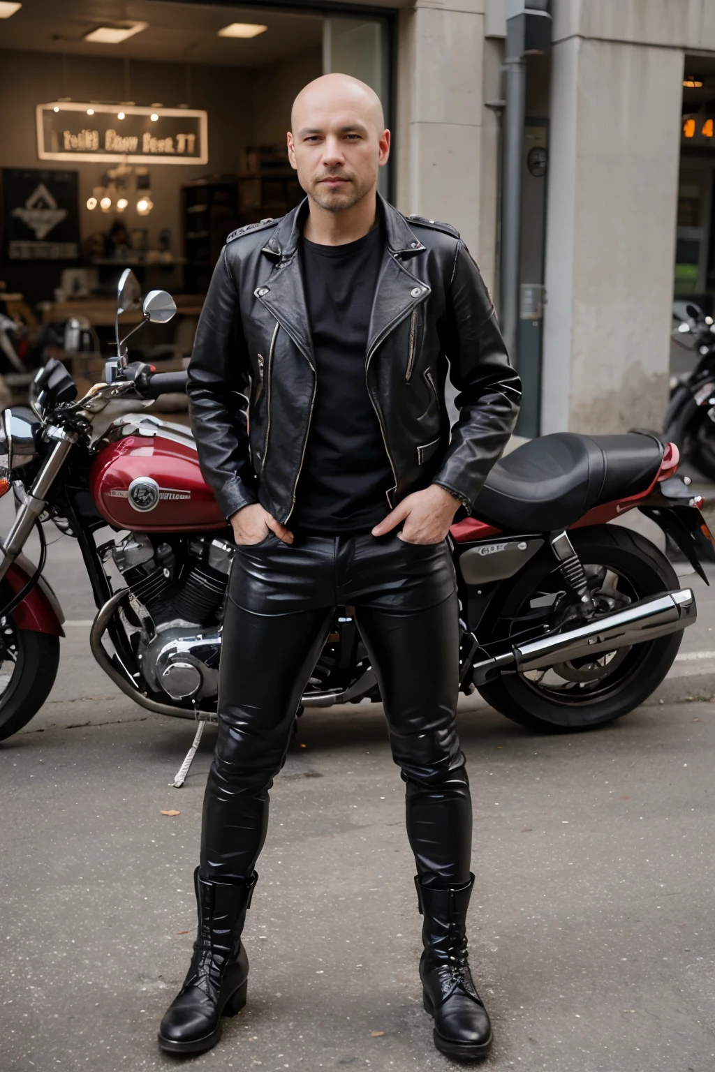 bald guy with a small beard near a motorcycle, leather jacket, Full-length, Biker Boots, leather pants, cool motorcycle
