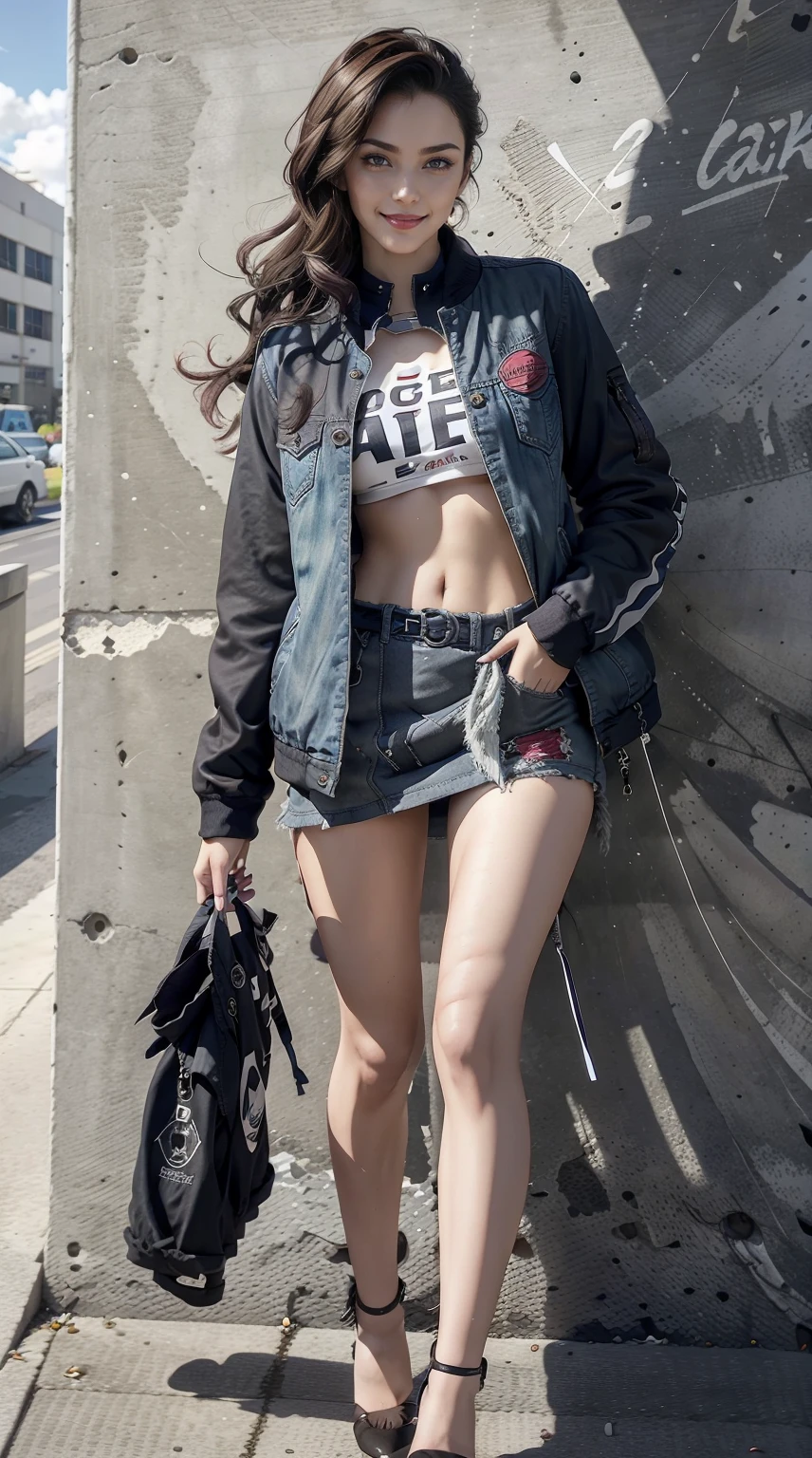 19-year-old woman、Hair color is brunette、Eye color is blue、Longhaire、wearing eye shadow and lipstick、Slender but well-proportioned muscular body、a smile、huge tit、is wearing jacket、He wears a shirt with a logo inside his jacket.、I'm wearing skirts、I'm wearing high heels、a smile、You're in the middle of an old concrete wall with wall art、The sun is shining from above、You have your hands in your jacket pockets.、a smile