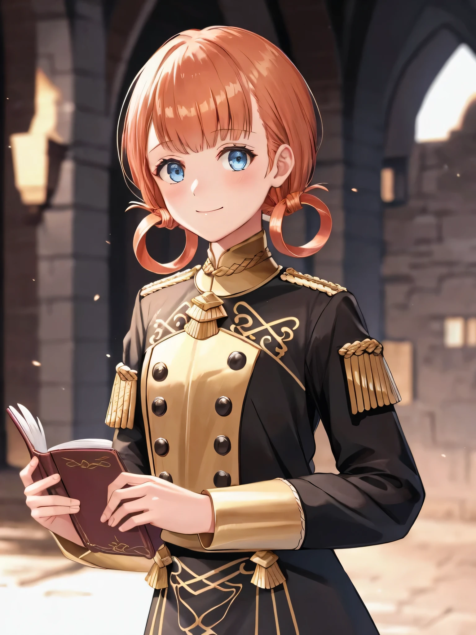 annetudent, 1girl, solo, looking at viewer, smile, holding, twintails, closed mouth, upper body, uniform, book, hair rings, holding book, garreg mach monastery uniform