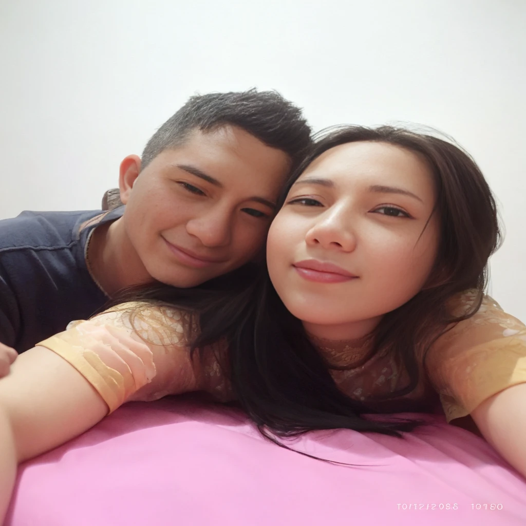 there is a man and woman laying on a bed together, lovely couple, couple, happy couple, in love selfie, selfie photo, couple pose, selfie, tyler edlin and natasha tan, ruan jia and brom, help me, couple portrait, 8k selfie photograph, wpol and sarasti, wife, with her long, couple on bed