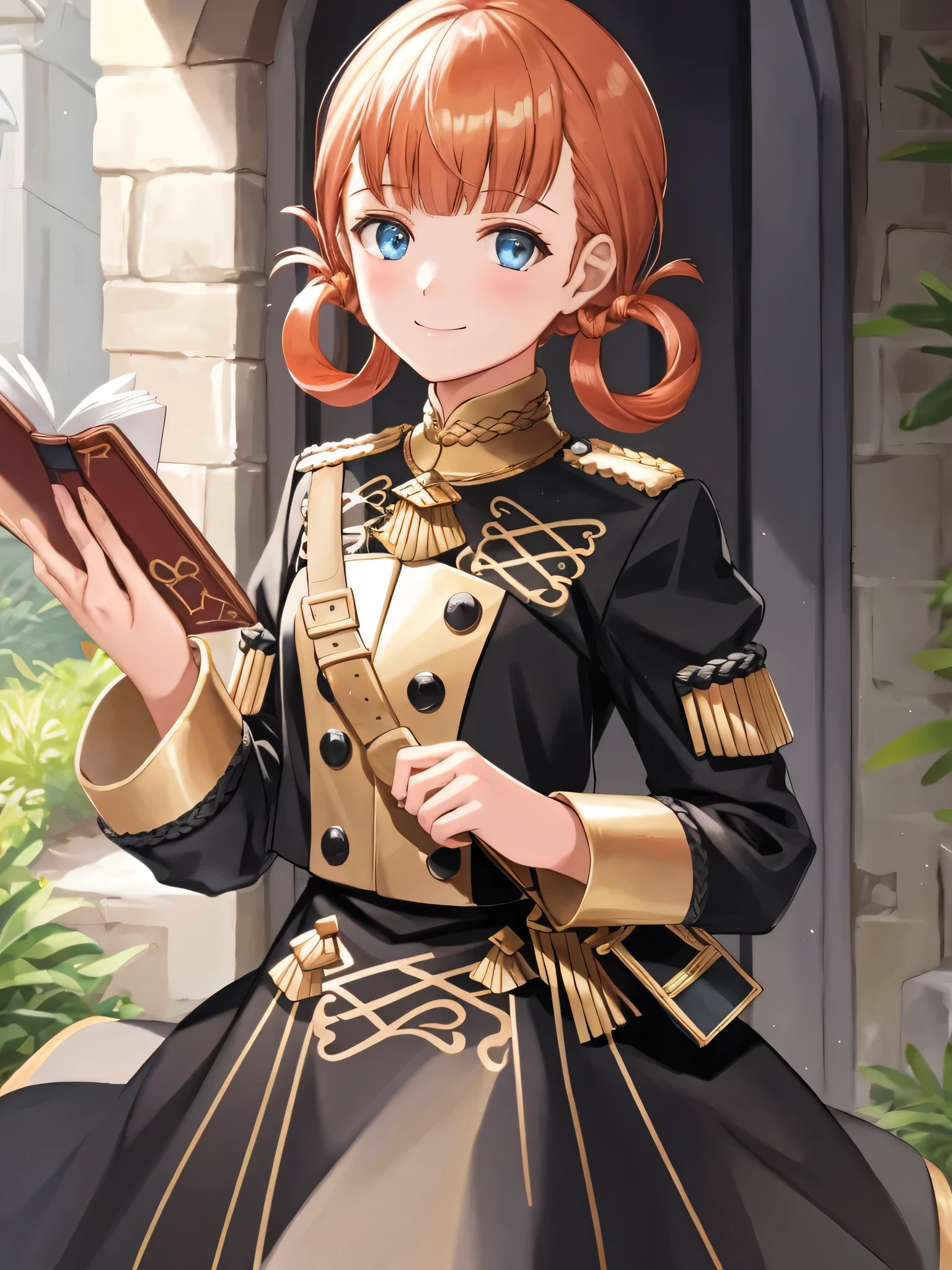 annetudent, 1girl, solo, looking at viewer, smile, holding, twintails, closed mouth, upper body, close up, uniform, book, hair rings, holding book, garreg mach monastery uniform