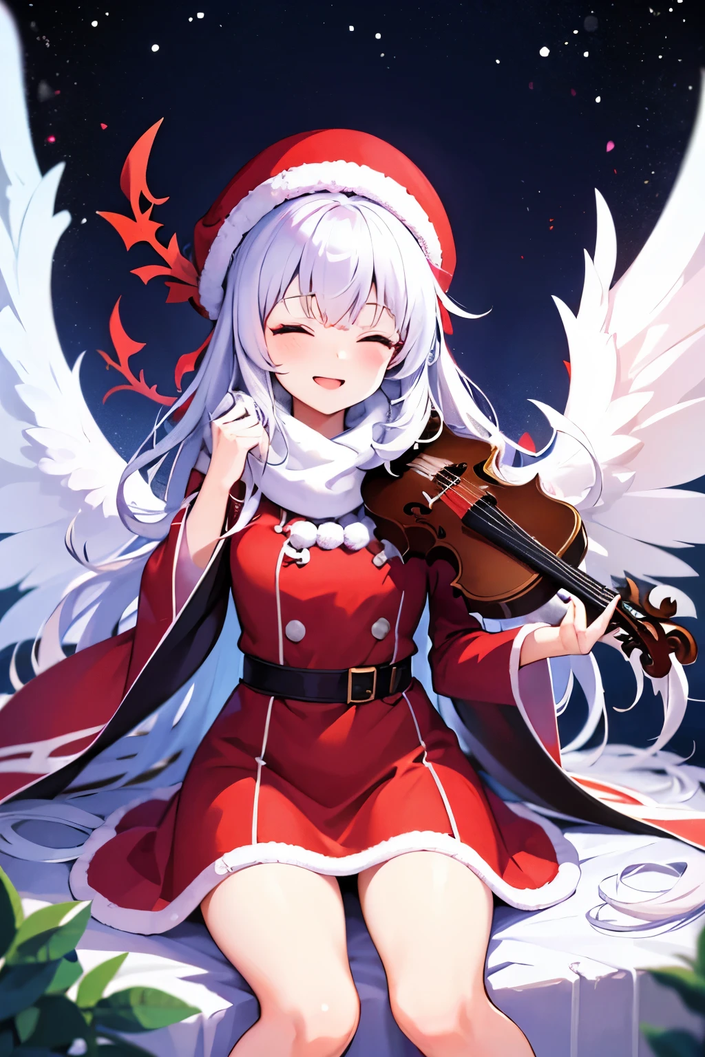 girl wearing christmass dress cotton, night background with snow, red scarfs, playing violin, smile, cute, slim, eyes closed, white long messy curly hair, red clous hat, red short dress, slim, angel wings, sexy, inside a cottage chillin, poser, comftly, long black and white stripe socks, White hair, anime, shoujo, shrine, red witch costume, snow, red eyes, snow, white stockings