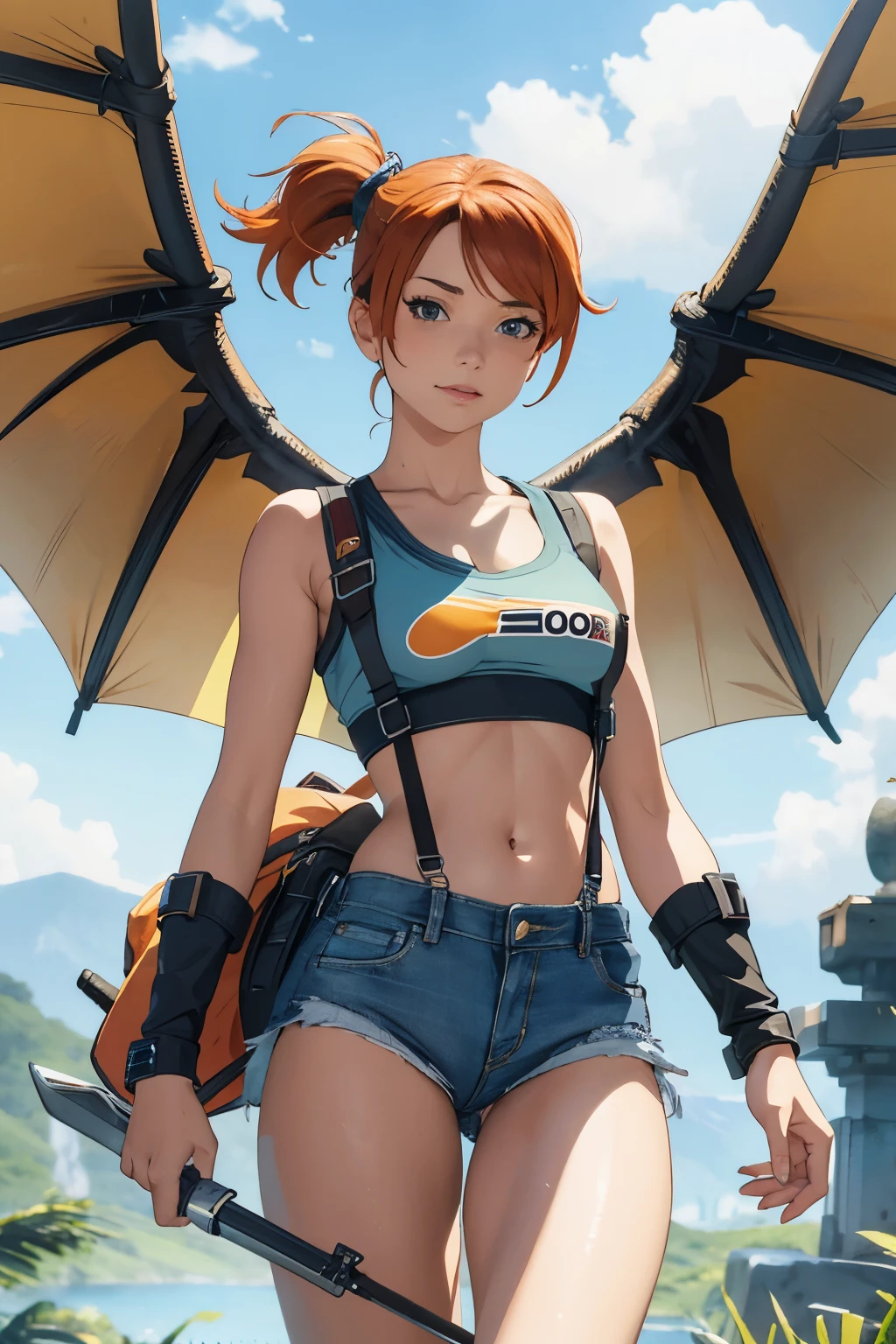 The centerpiece of the image is Misty from Pokémon, standing outdoors with a confident smile. Orange hair styled in a side ponytail, wearing denim shorts with suspenders, yellow crop top that shows off her midriff and navel. Yellow tank top. Cowboy shot posture exudes confidence and strength.

Misty is accompanied by a cute Dragon.

Overall, the image is a masterpiece, with high-quality details and a realistic rendering of Misty, her outfit, and her companion dragon. The colors are vivid and eye-catching, and the image is high-resolution, capturing every nuance of Misty's confident and adventurous spirit.