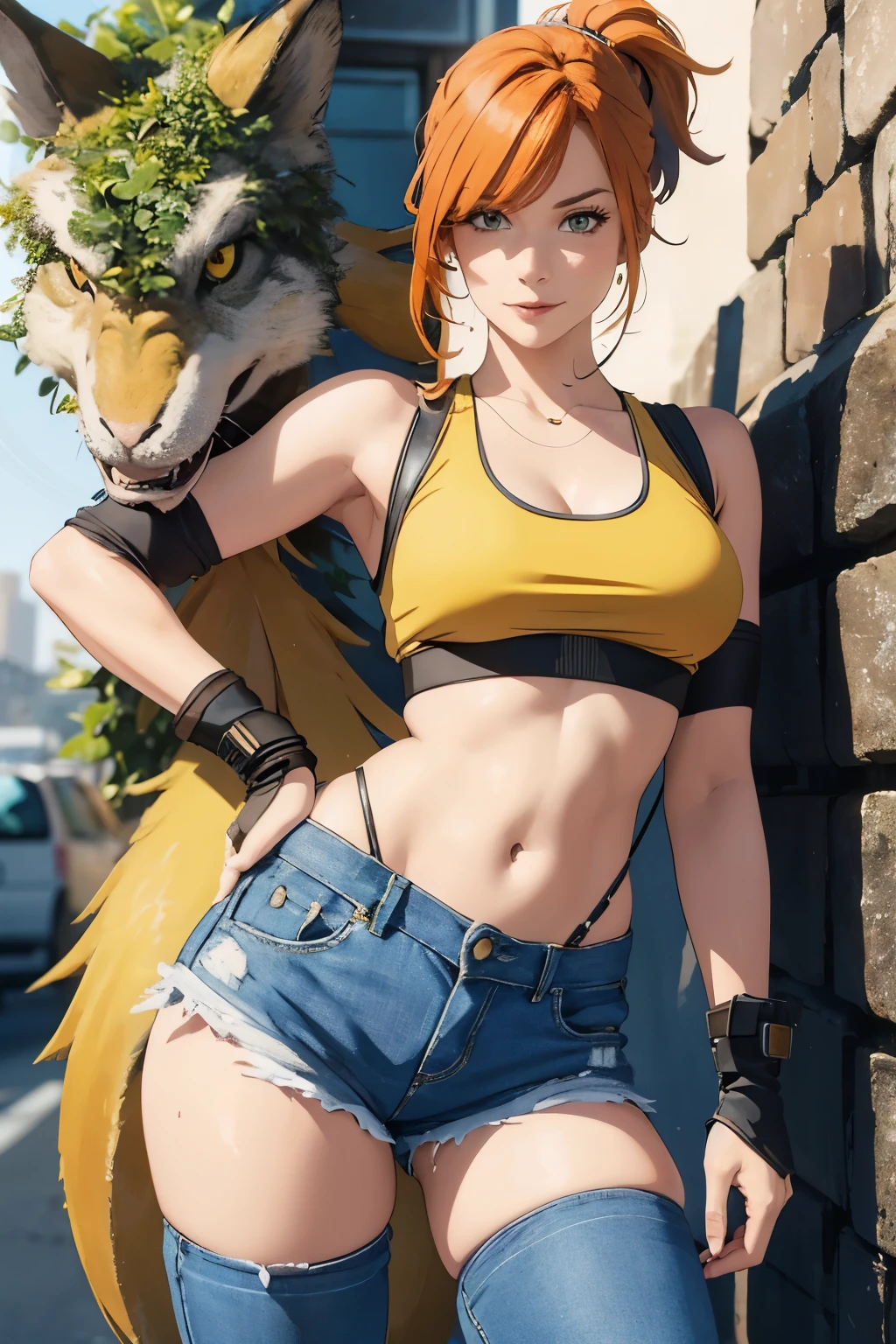 The centerpiece of the image is Misty from Pokémon, standing outdoors with a confident smile. Orange hair styled in a side ponytail, wearing denim shorts with suspenders, yellow crop top that shows off her midriff and navel. Yellow tank top. Cowboy shot posture exudes confidence and strength.
Misty is accompanied by a cute Dragon.
Overall, the image is a masterpiece, with high-quality details and a realistic rendering of Misty, her outfit, and her companion dragon. The colors are vivid and eye-catching, and the image is high-resolution, capturing every nuance of Misty's confident and adventurous spirit.