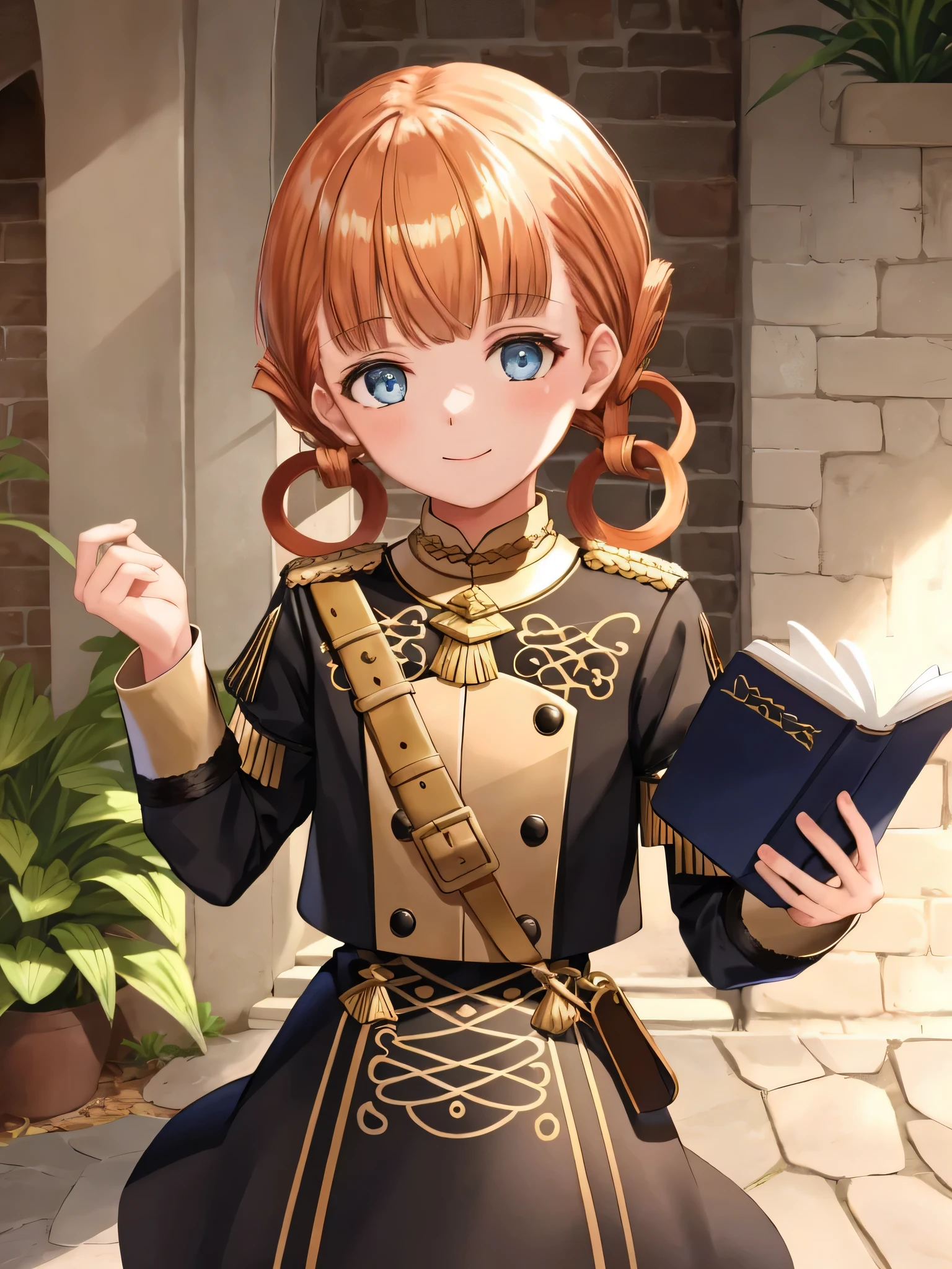 annetudent, 1girl, solo, looking at viewer, smile, holding, twintails, closed mouth, upper body, uniform, book, hair rings, holding book, garreg mach monastery uniform