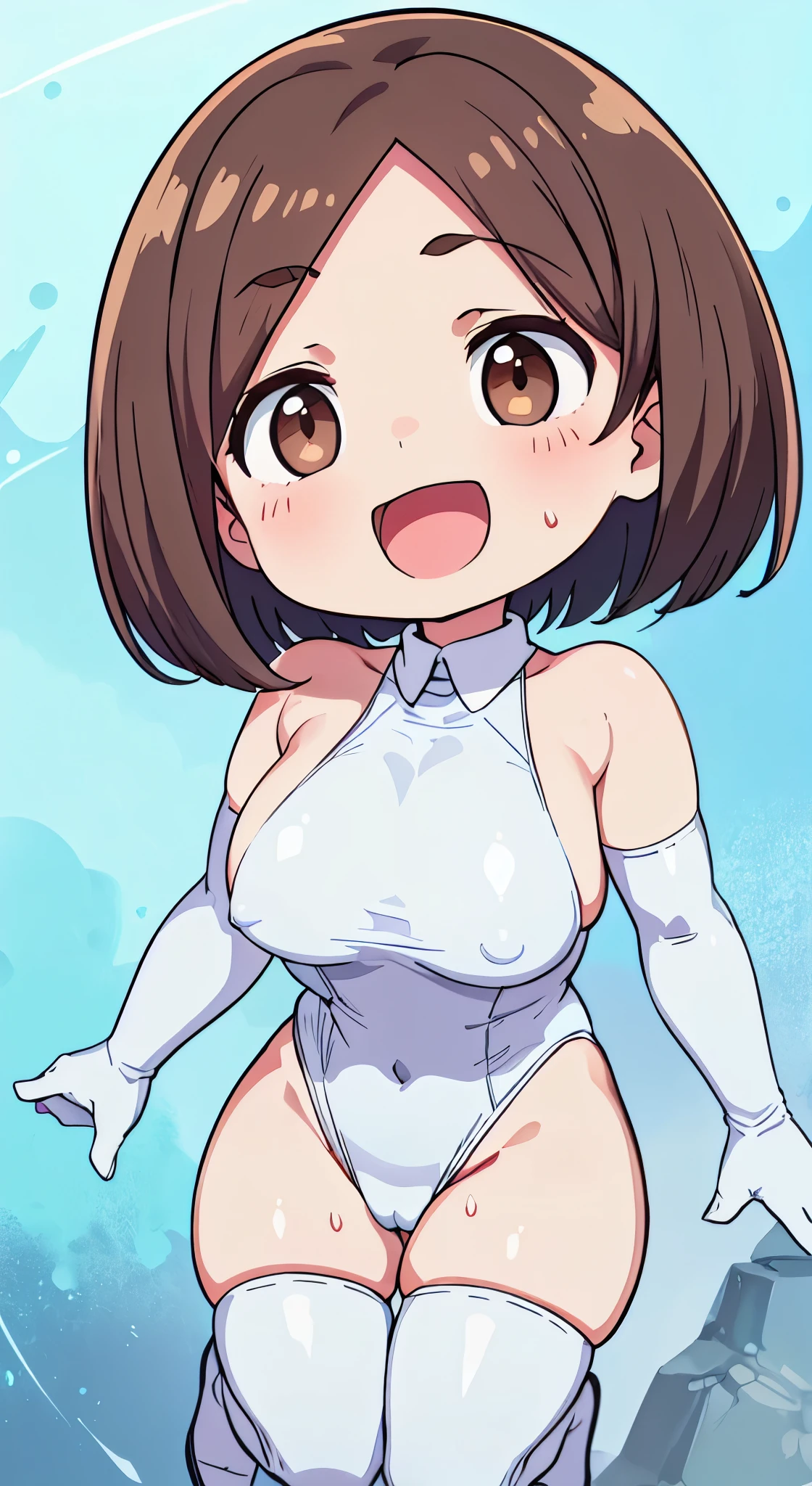 hiquality、16 K、((huge-breasted))、(thick thighs)、(Short hair, bob cut hair、Straight hair),(((Forehead)))、((Brown-eyed))、(((Brown hair)))、(Sweat)、((:D))、((nipple bulge))、((white leotard))、(((light blue decoration)))、White Gloves、White knee socks、((White Hair Clip))、Electronic space、(((Chibi)))、spreading legs、Surprised、Floating in the air
