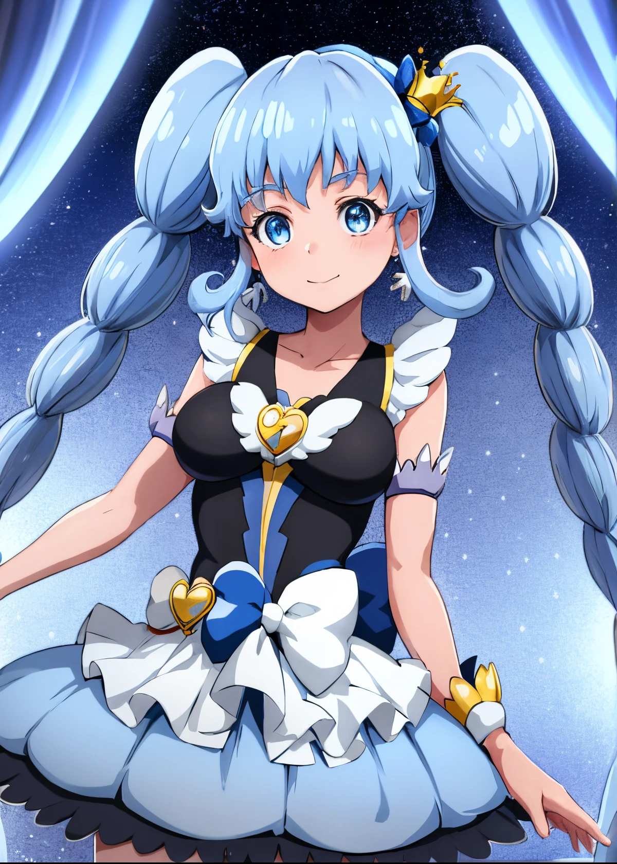 Close up of cartoon character with black and blue dress and crown, きらめくmagical little girl, magical little girlの肖像, magical little girlアニメ まほう少女, an anime girl, Blue tight skirt, magical little girlのスタイル, magical little girl, Official art, celestial aura, sea aura, ice aura, blue aura, very long twintail hair, very long two side up, Blue haired girl, official artwork, anime portrait, huge tit, girl with very big breasts, fanart, Dress Up Darling Anime,