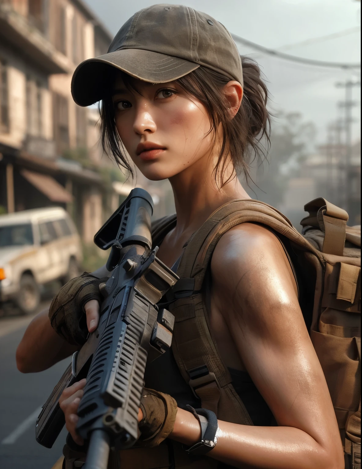 Photorealsitic、realistic skin textures、automatic rifle