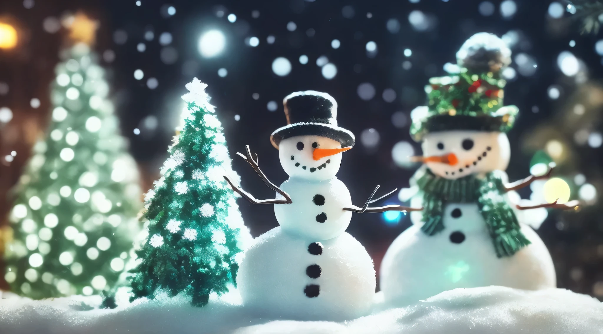 ((snowman))、Christmas tree、illuminations、Yuki、bloom effect、depth of fields