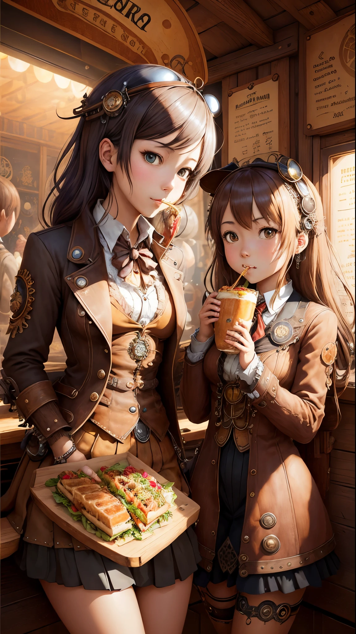 steampunkai。masutepiece。top-quality。ren。Detailed details。twogirls。High school girl in steampunk style。Chatting while eating sandwiches at a food stall inside a wooden labyrinth。