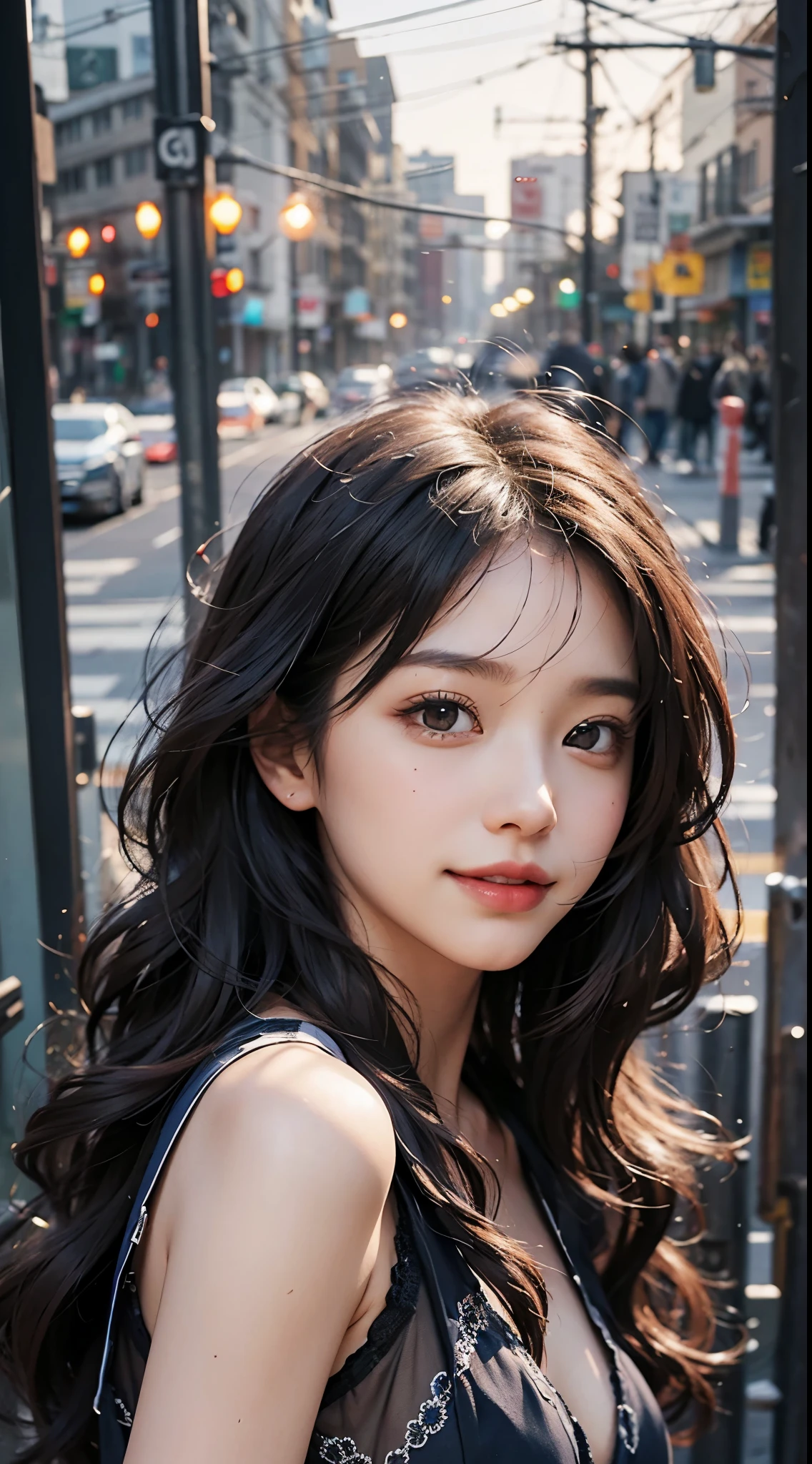 1girl in, Fisheye, Selfie, Wind, hair messy, Sunset, detailed cityscape, (Aesthetics and atmosphere:1.2),Beautiful woman smiling、8K、An ultra-high picture quality、japanes、1 woman around 20 years old、Beautie、kawaii faces、目鼻立ちの整ったBeautie、Smiling、Showing teeth and smiling、