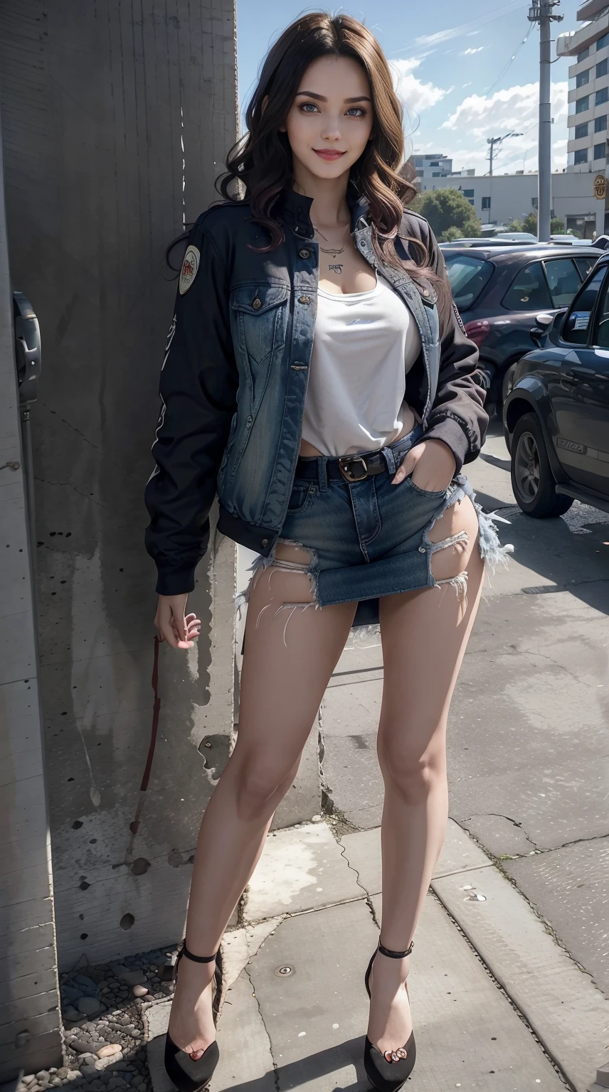 19-year-old woman、Hair color is brunette、Eye color is blue、Longhaire、wearing eye shadow and lipstick、Slender but well-proportioned muscular body、a smile、huge tit、is wearing jacket、He wears a shirt with a logo inside his jacket.、I'm wearing skirts、I'm wearing high heels、a smile、You're in the middle of an old concrete wall with wall art、The sun is shining from above、You have your hands in your jacket pockets.、a smile