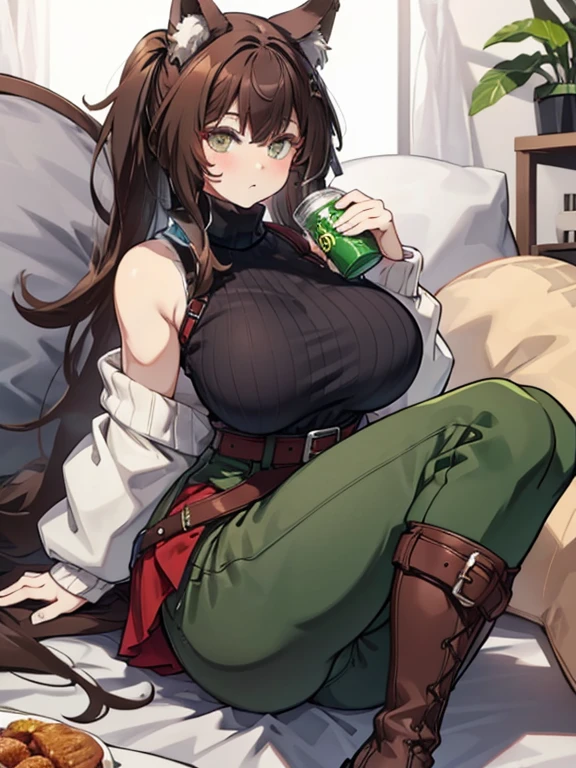 knitted sweater、Sleeveless、turtle neck、Green clothes、Brown Long Hair、Wolf Girl、Colossal tits、thick thighs、shortpants、knee sox、garterbelts、long boots、venusbody,big butts,Wolf ears、Wolf's tail