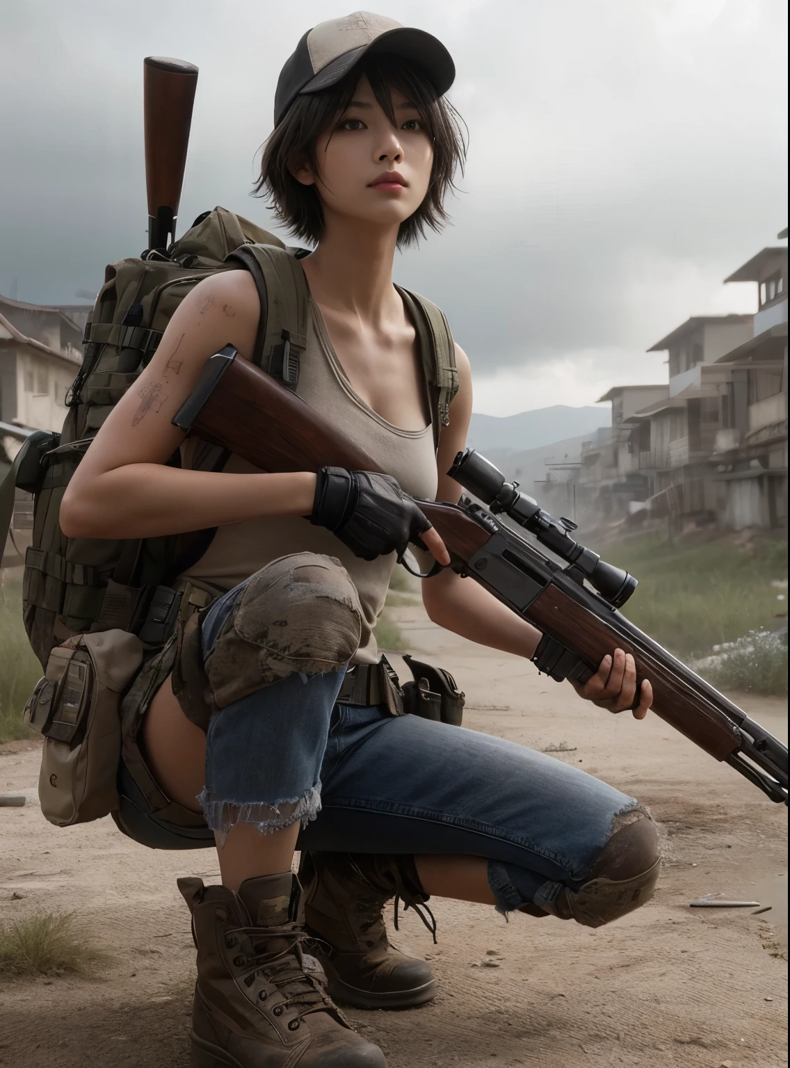 Photorealsitic、realistic skin textures、automatic rifle