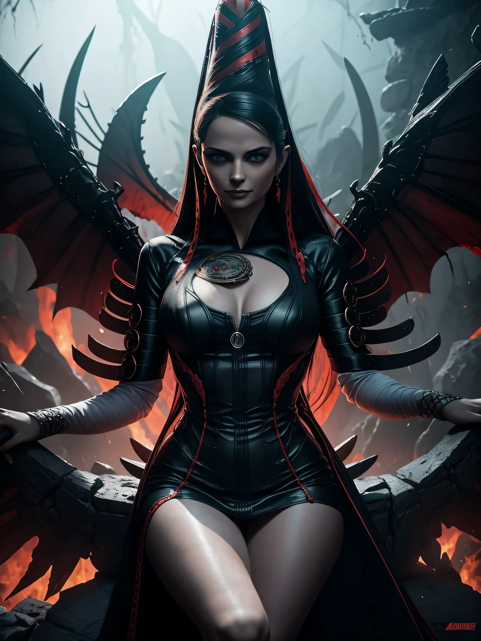 throne of hell, You're a devil., Sexy black and red dress, Devil's Wings, He's a demon., Eyes with realistic details, Context of Hell's Chaos and Destruction, evil queen, Gaze directly at the camera, smile with satisfaction, long black nails, High quality illustration of cells in hell, full entire body, dynamic installation, perfect anatomy, centered, freedom, spirit, Guide to perfection, Cell shading, 10 , Dramatic atmosphere, water color painting, Global ilumination, Detailed and complex environment, art station, Concept Art, Smooth, sharp focus, volumetric light, kinetic light ,imagem de full entire body