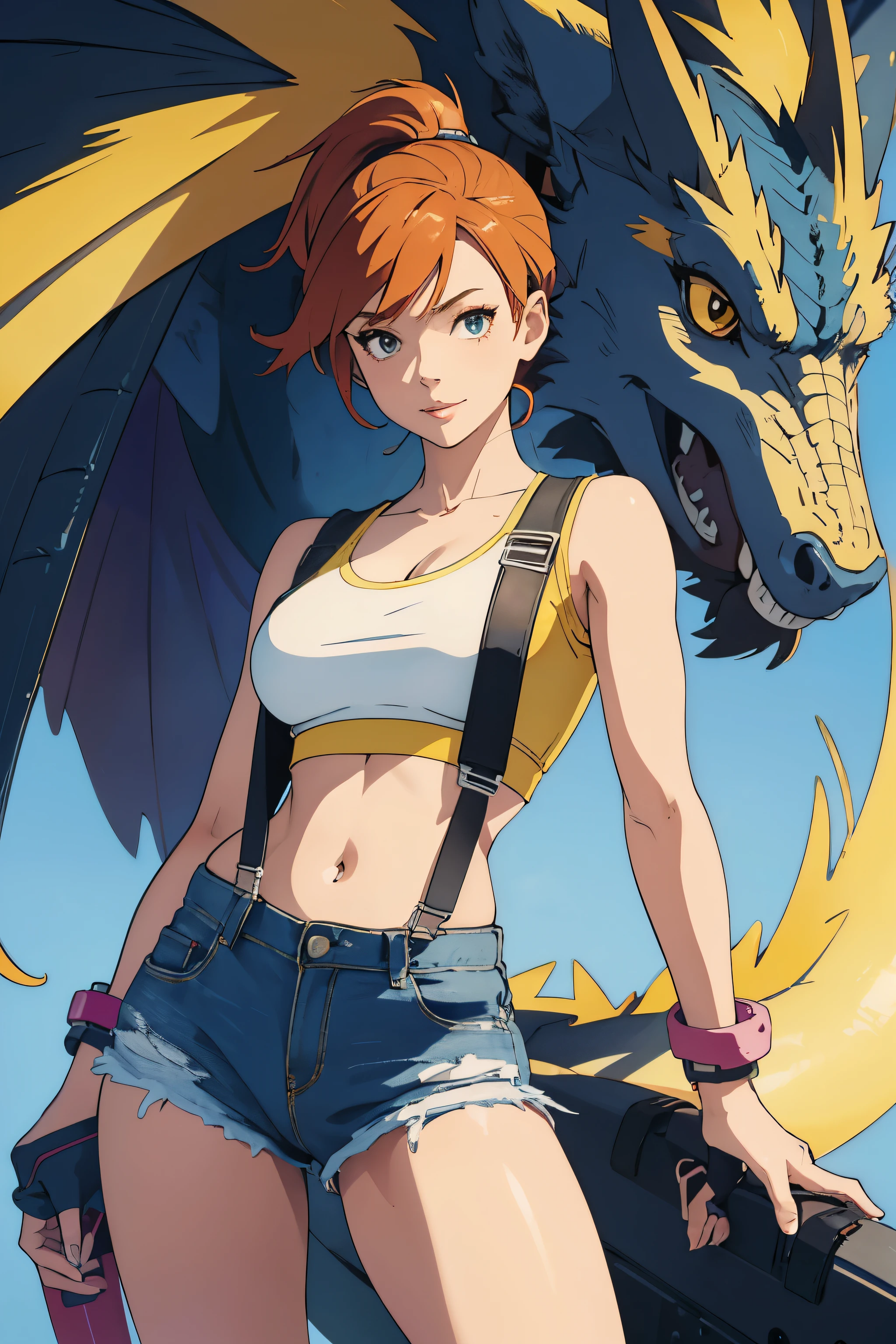 The centerpiece of the image is Misty from Pokémon, standing outdoors with a confident smile. Orange hair styled in a side ponytail, wearing denim shorts with suspenders, yellow crop top that shows off her midriff and navel. Yellow tank top. Cowboy shot posture exudes confidence and strength.
Misty is accompanied by a cute Dragon.
Overall, the image is a masterpiece, with high-quality details and a realistic rendering of Misty, her outfit, and her companion dragon. The colors are vivid and eye-catching, and the image is high-resolution, capturing every nuance of Misty's confident and adventurous spirit.