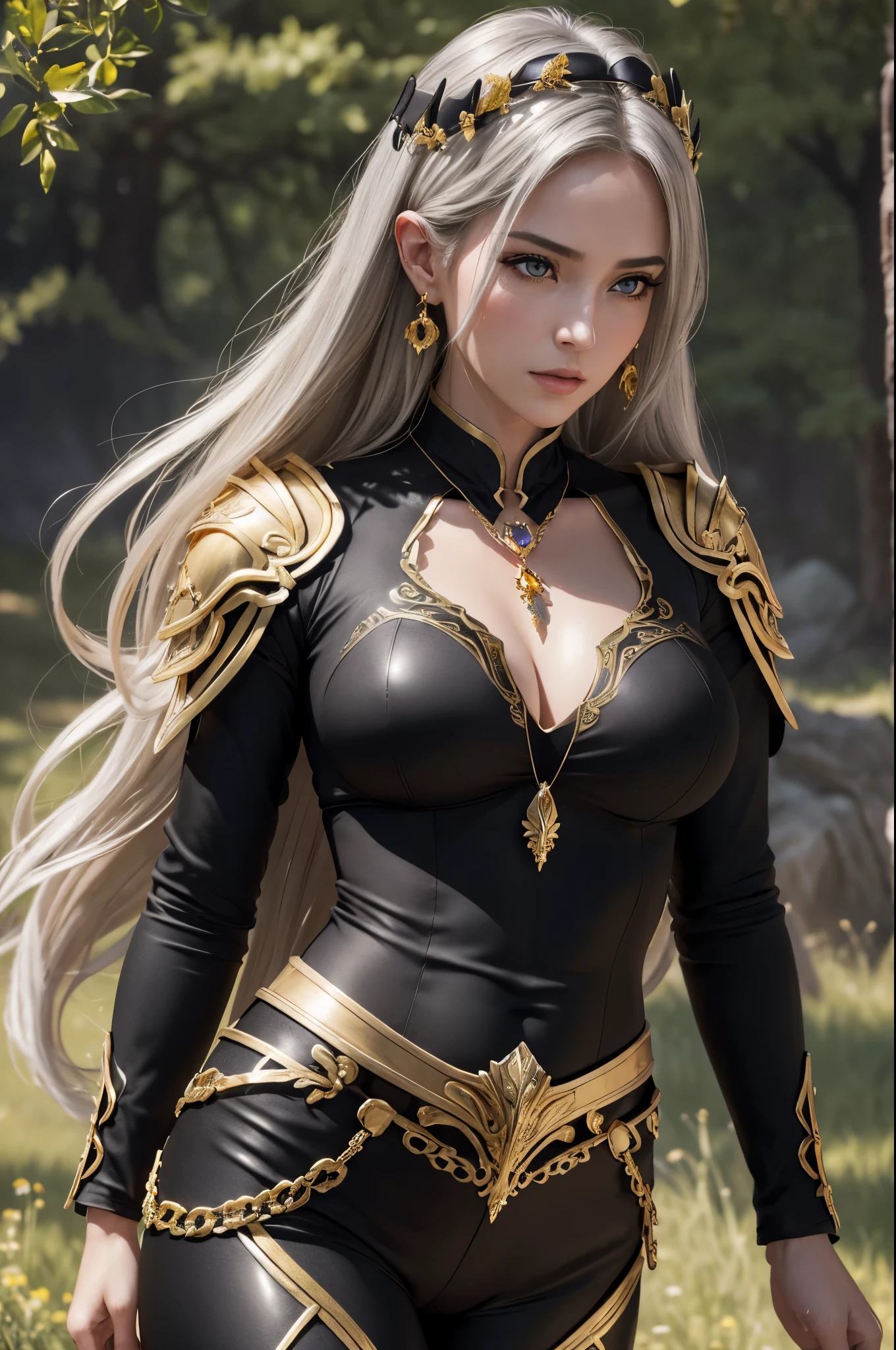 (8K,Photorealsitic　Raw photography　top-quality;1.4) 1womanl) A beautiful silver-haired goddess　(Lifelike face)　(masutepiece, Best Quality, Photorealsiticです, Higher resolution, :1.3), up close shot, Sharp Focus, 1 Curled silver-haired woman, European Women, hotmodel, Midriff, Highly detailed eyes and golden pupils, Realistic skin, Slim body shape, Perfect body, Large breasts have cleavage, very detail hair, Delicate sexy face, Organoleptic gas, shiny lips, ((Wearing beautiful black and gold armor and black and gold pants, wearing pendant)), plein air, ((Realistic, Super realistic, Realism, realistic detail))　Beautiful expression　enticing　(real looking skin)　超A high resolution　A hyper-realistic　high detal　Meadow and flowers and beautiful mountains in the distance々　purple earing　split abemer paladin　Female emperor,A hyper-realisticな肌,