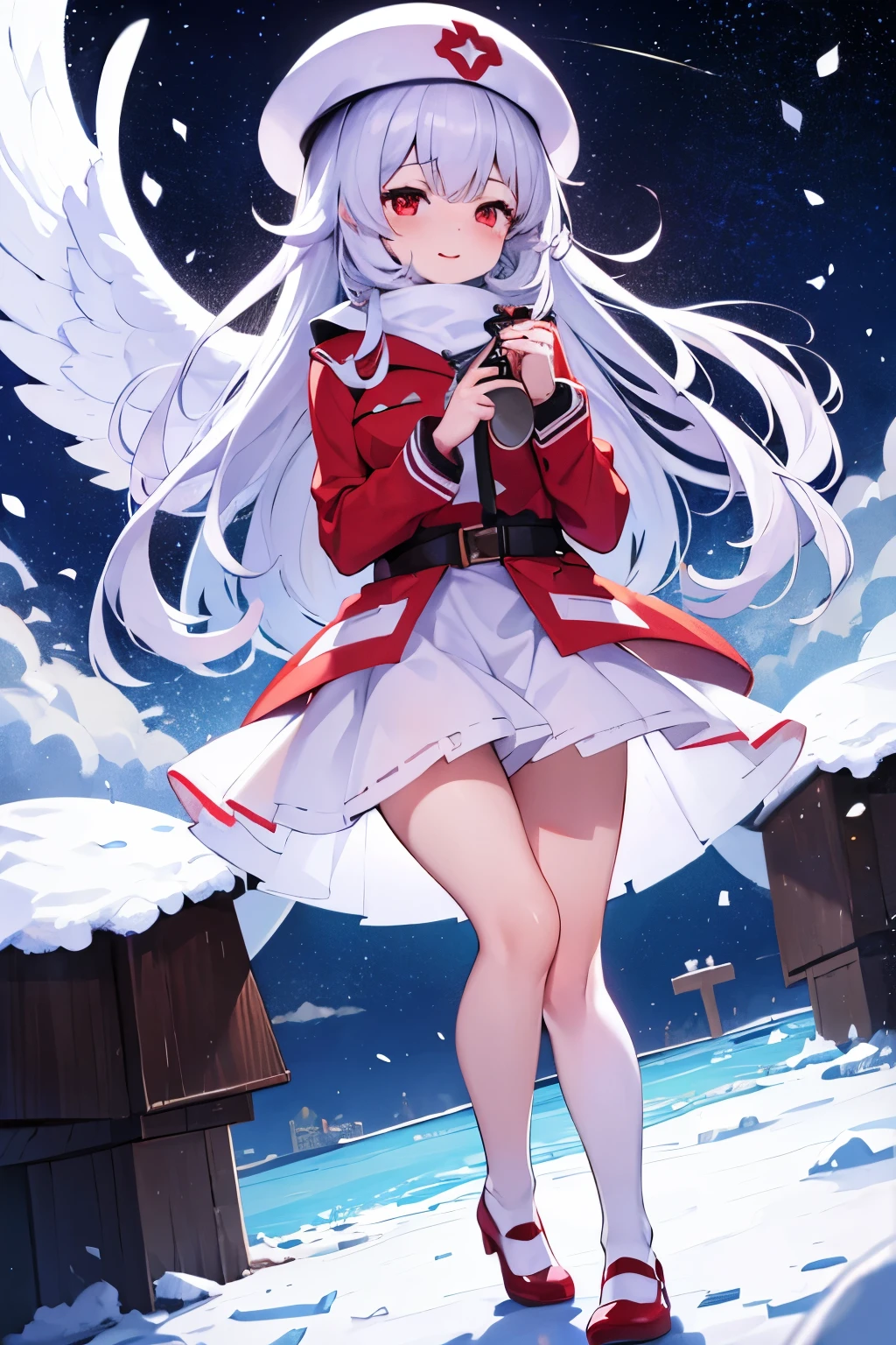 1girl wearing christmass dress cotton, night background with snow, red scarfs, playing violin, smile, cute, slim, eyes closed, white long messy curly hair, red clous hat, red short dress, slim, angel wings, sexy, inside a cottage chillin, poser, comftly, long black and white stripe socks, White hair, anime, shoujo, shrine, red witch costume, snow, red eyes, snow, white stockings