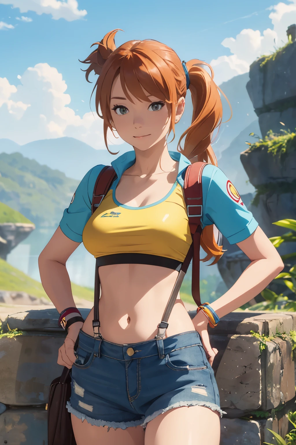 The centerpiece of the image is Misty from Pokémon, standing outdoors with a confident smile. Orange hair styled in a side ponytail, wearing denim shorts with suspenders, yellow crop top that shows off her midriff and navel. Yellow tank top. Cowboy shot posture exudes confidence and strength.
Misty is accompanied by a cute Dragon.
Overall, the image is a masterpiece, with high-quality details and a realistic rendering of Misty, her outfit, and her companion dragon. The colors are vivid and eye-catching, and the image is high-resolution, capturing every nuance of Misty's confident and adventurous spirit.