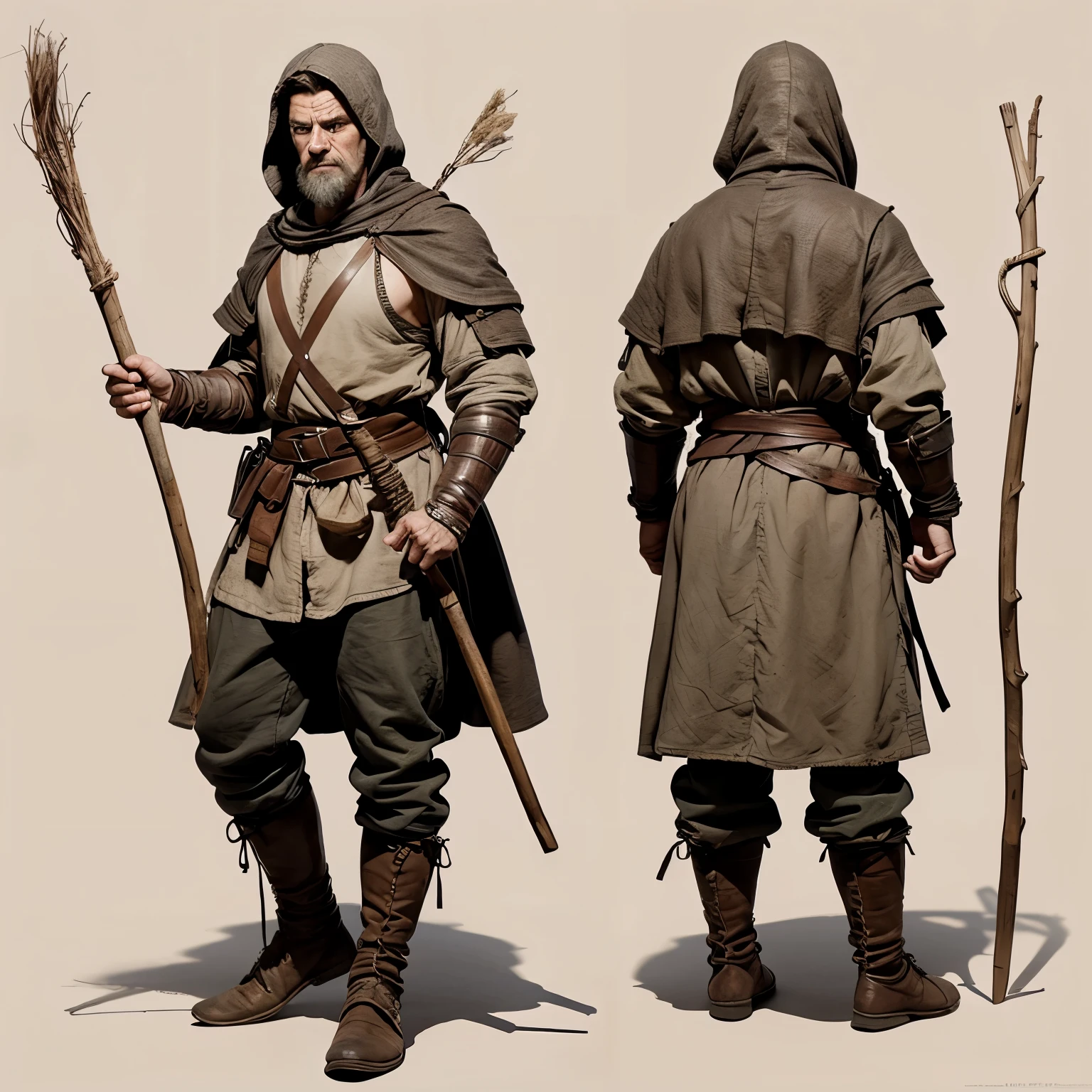 character concept art of a dirty medieval peasant holding a stick, white background, full body, best quality, highly detailed