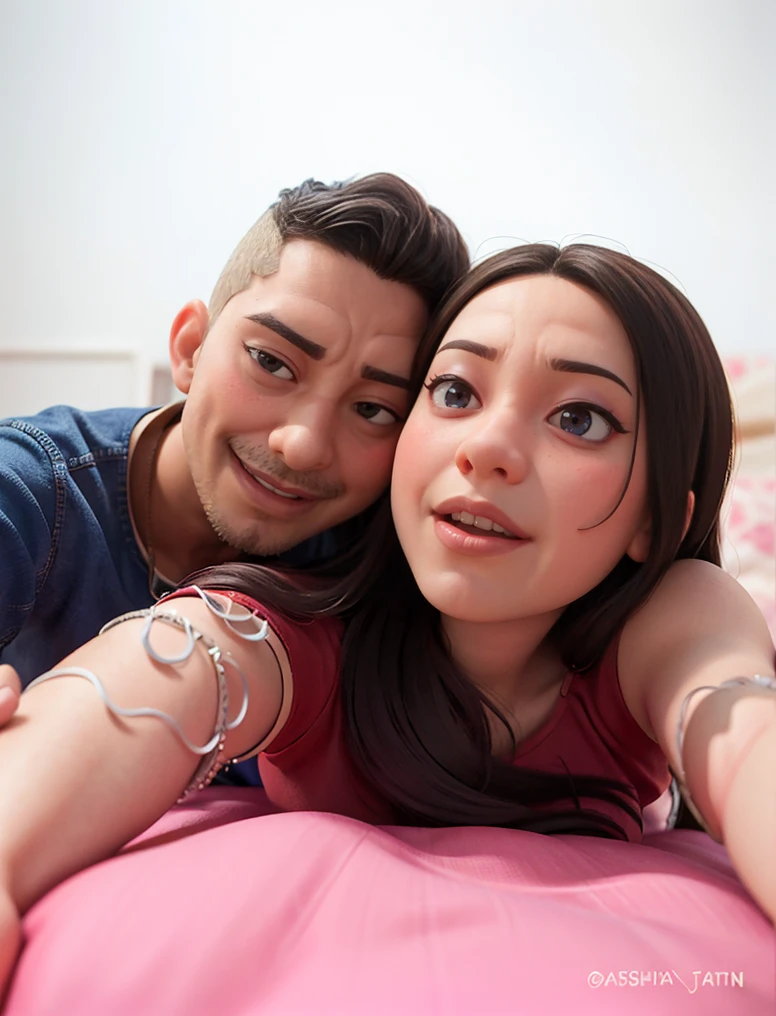 there is a man and woman laying on a bed together, lovely couple, couple, happy couple, in love selfie, selfie photo, couple pose, selfie, tyler edlin and natasha tan, ruan jia and brom, help me, couple portrait, 8k selfie photograph, wpol and sarasti, wife, with her long, couple on park