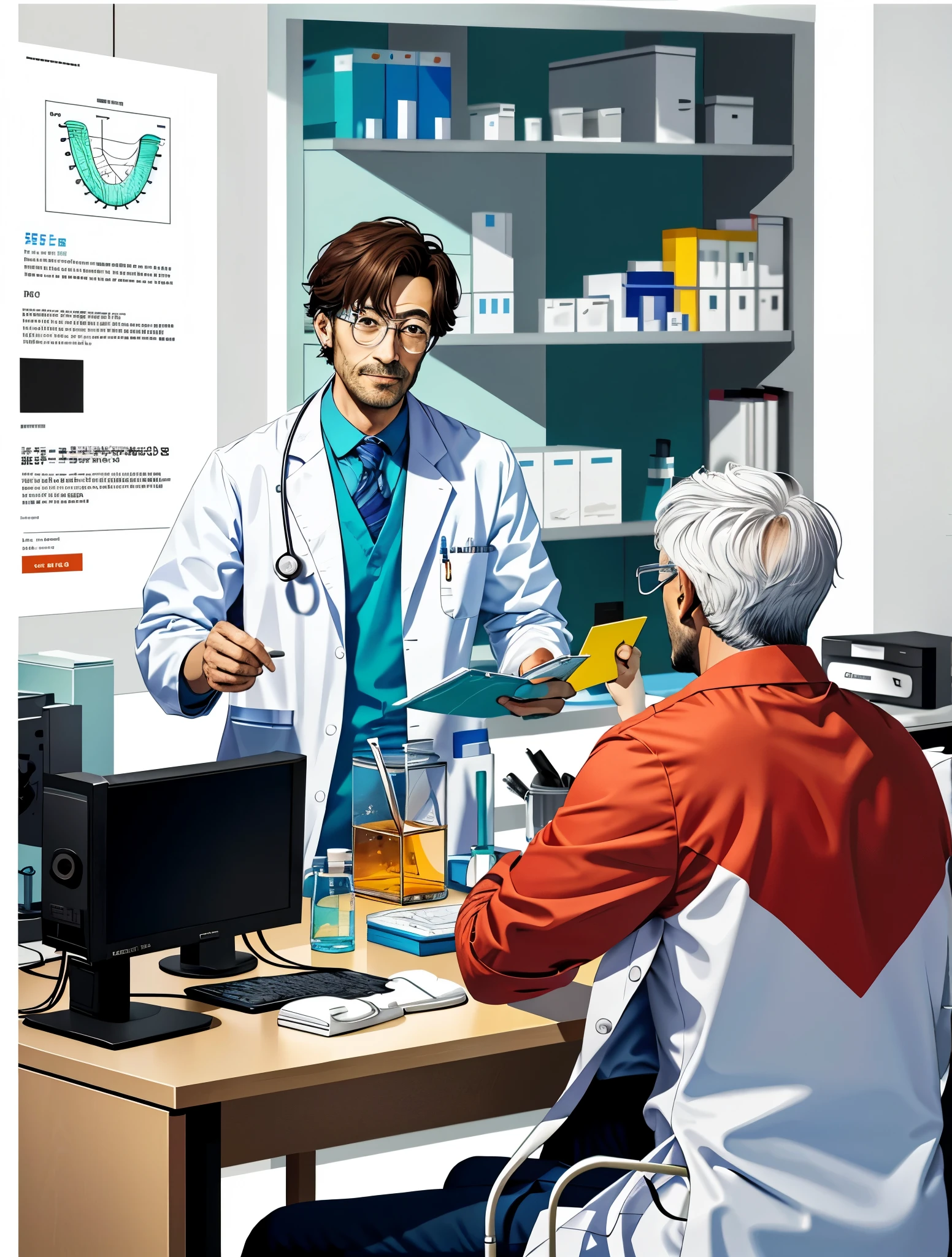 Clip of a man in a lab coat and a man in a lab coat sitting at a table, the doctor, the doctors office, professional illustration, Medical suture vapor wave, Commercial illustration, detailed 2d illustration, medical the doctor, local conspirologist, medical illustration, professional illustration, official fan art, 8K illustration, High-quality fanart, 数字插图 -