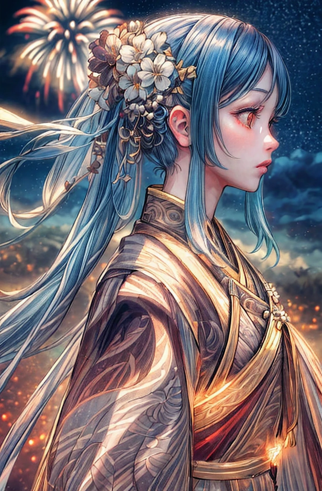 1个Giant Breast Girl, Detailed night sky, fire works, the complex background, Intricate and brightly colored clothing, Detailed colorful hair accessories, BREAKFantasy art, Soft Cinematic Lights, HighDynamicRange, iintricate, The is very detailed