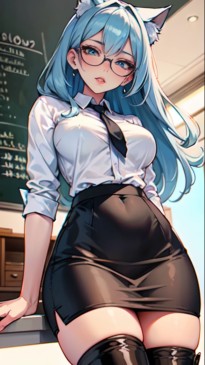 Masterpiece, beautiful art, professional artist, 8k, art style by sciamano240, very detailed face, detailed hair, detailed clothes, detailed fabric, 1girl, perfectly drawn body, beautiful face, long hair, light blue hair , very detailed blue cat eyes, wearing teacher clothes, thigh boots, pencil skirt, glasses, looking over down glasses, pouty lips , rosey cheeks, school setting, detailed background, blackboard, zoom in face , show details in eyes, upclose view, looking at viewer, angry expression,