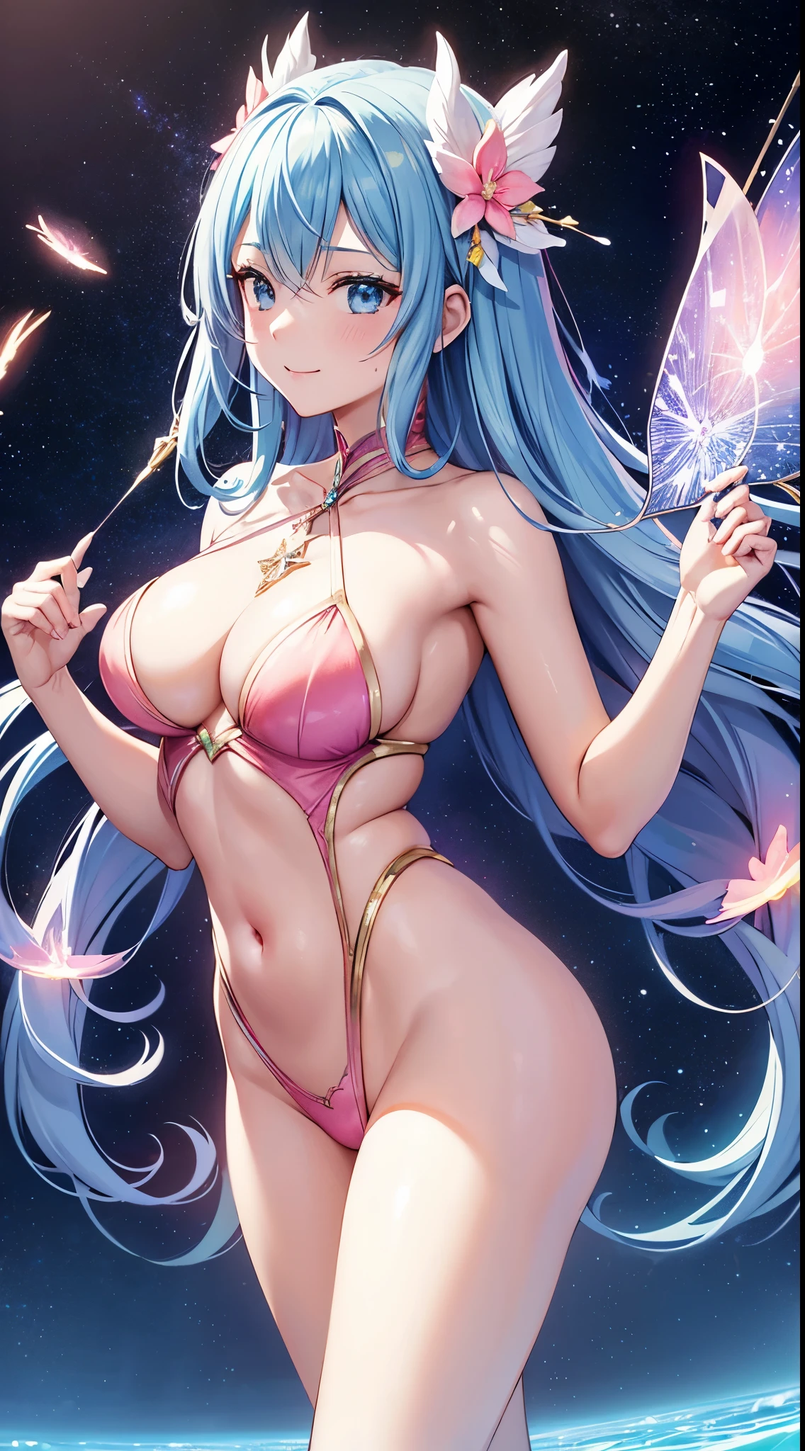 {{{masutepiece}}}, {{best qualtiy, An ultra-fine illustrations, beautifulanddelicatewater}}, {{very delicate light}}, {{Nature, Painting}}, {{Fine Lighting, More transparent stars, Very fine 8K PCG wallpaper}}, (plateau), Sunrise, randomly distributed clouds, cliff, ((Rotating starry sky)), Beautiful girl with long light blue hair with luminous particles、Twin-tailed、adorable smiling、facing front、Super Gloss Metallic Coral Rainbow Transparent Holographic Suit:1.2),Pink and white costume