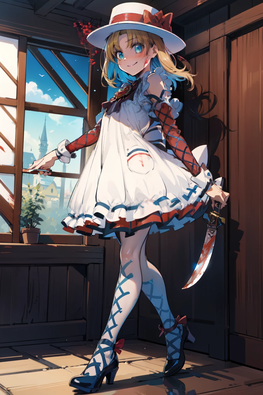 (1girl, solo), nadja, blonde hair, (parted bangs:1.5), (blue eyes:1.5), long hair, (small breast:1.2), (hair ribbon, red bow, argyle, (red argyle sleeves:1.1), porkpie hat, (hat bow:1.2), frills, frilled dress, hat, hat flower,) looking at viewer, evil smile, blush, (blood, covered in blood, blood on arm, blood on face, blood on clothes, blood on hands, holding knife, knife), red heart brooch, jewelry, shoes, indoor, (masterpiece:1.2), best quality, high resolution, unity 8k wallpaper, (illustration:1.5), anime style, (beautiful detailed eyes:1.6), extremely detailed face, perfect lighting, extremely detailed CG, (perfect hands, perfect anatomy), (dynamic pose, dynamic angle:1.1), serial killer, slasher, (full body:1.2), (depth of field), quality focus, sharp focus, perfect composition, dappled sunlight, tree, shaded face, fantasy setting, fairytale village in background, various colors, (details:1.2), colorful, shadow, scenery, graphedium, intricate, caustics, wide shot, extremely detailed background,